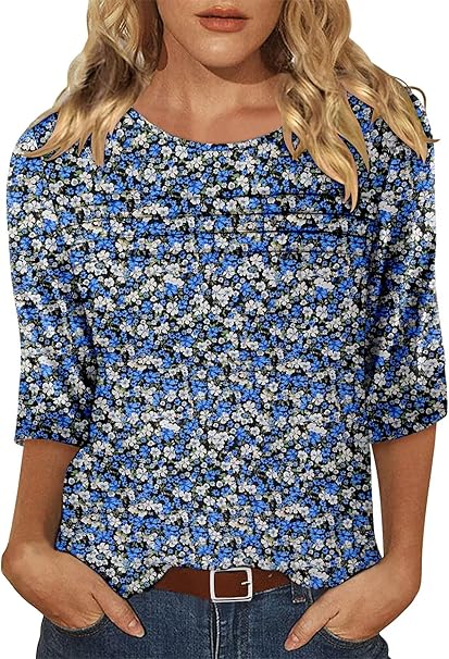 KISSMODA Women's Casual 3/4 Sleeve T-Shirts Round Neck Cute Tunic Tops Basic/Pleated Summer Tops Trendy Spring Blouses