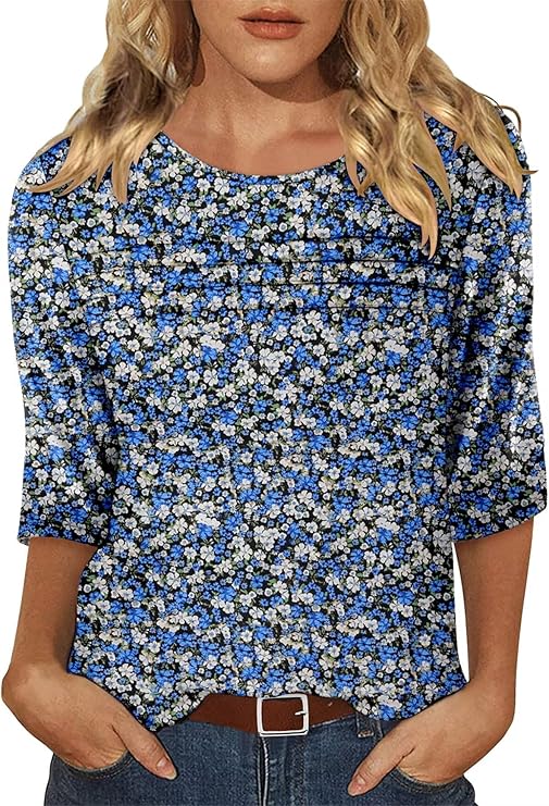 KISSMODA Women's Casual 3/4 Sleeve T-Shirts Round Neck Cute Tunic Tops Basic/Pleated Summer Tops Trendy Spring Blouses