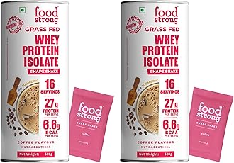 Foodstrong Whey Protein Isolate, 100% Hormone Free Grass-Fed Whey, 27G Protein & 6.6G BCAA, Coffee, With Turmeric & Digestive Enzymes, 16 Sachets, 528g (Pack of 2)