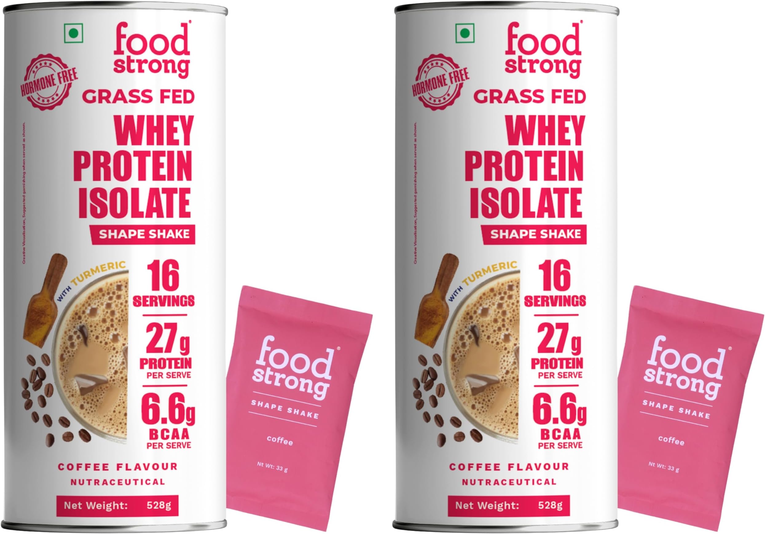 Foodstrong Whey Protein Isolate, 100% Hormone Free Grass-Fed Whey, 27G Protein & 6.6G BCAA, Coffee, With Turmeric & Digestive Enzymes, 16 Sachets, 528g (Pack of 2)