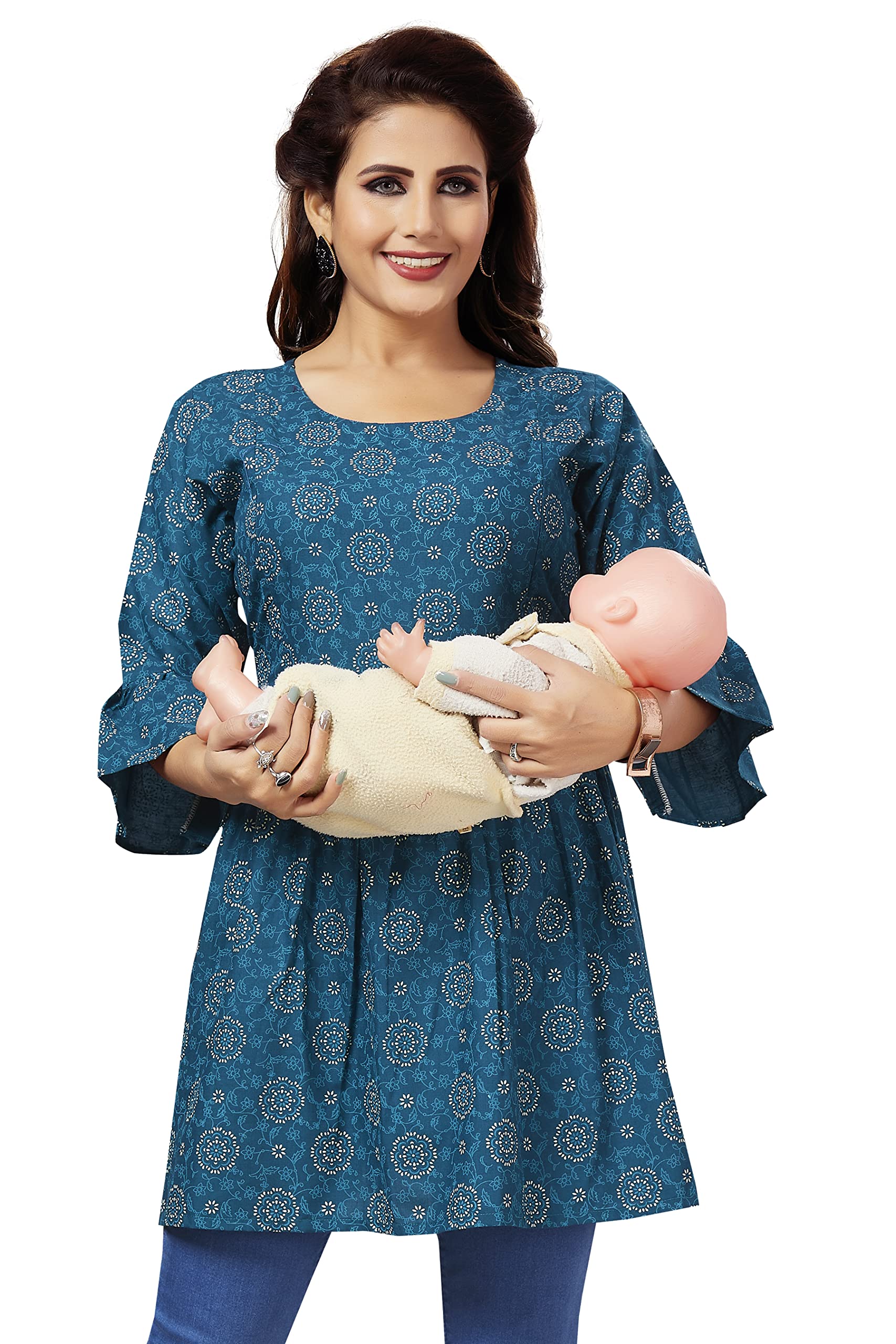 Mom&BaePrinted Long Maternity, Nursing & Feeding Top with Concealed Zip
