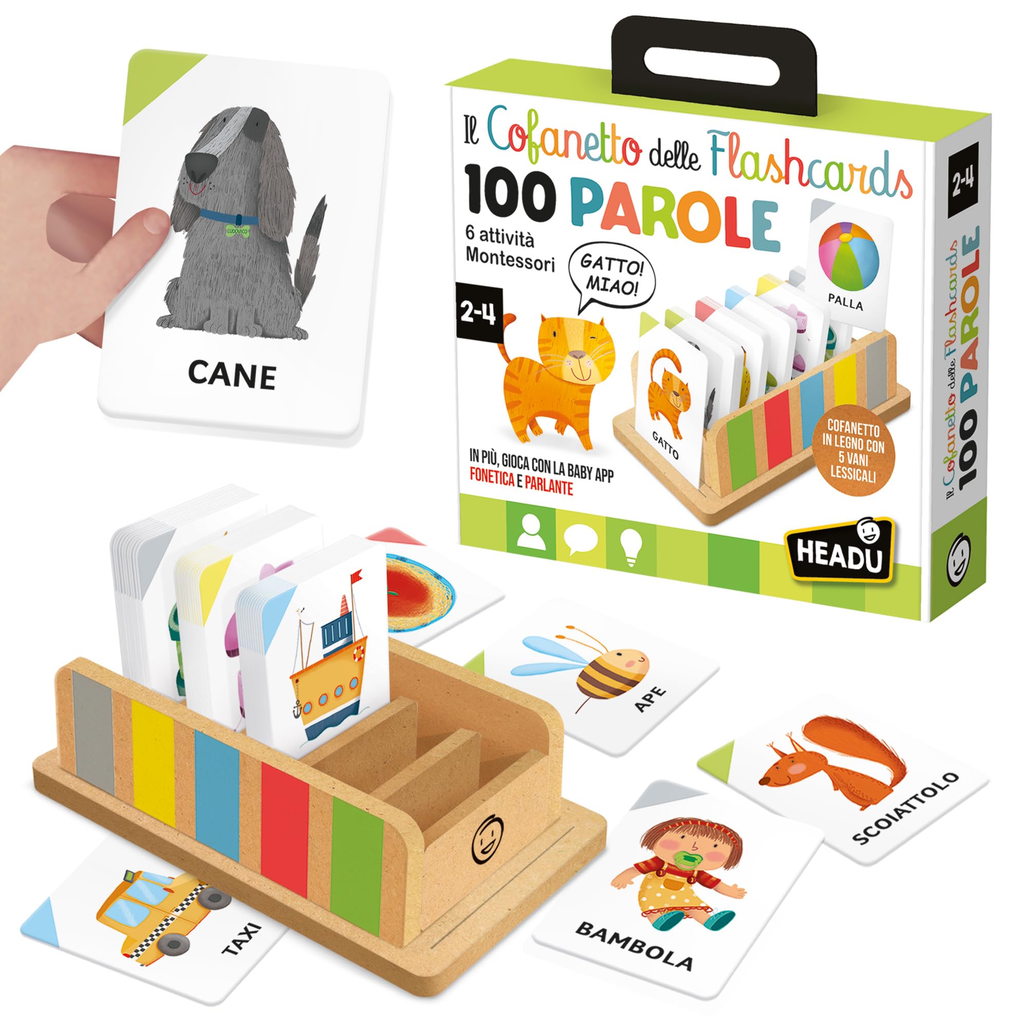 HEADU - Il Cofanetto delle Flashcards 100 parole - La Più Ricca Raccolta di Flashcards Per Imparare le Prime Parole | Con App Interattiva, Gioco Educativo 2 3 4 Anni, Idea Regalo, Made in Italy