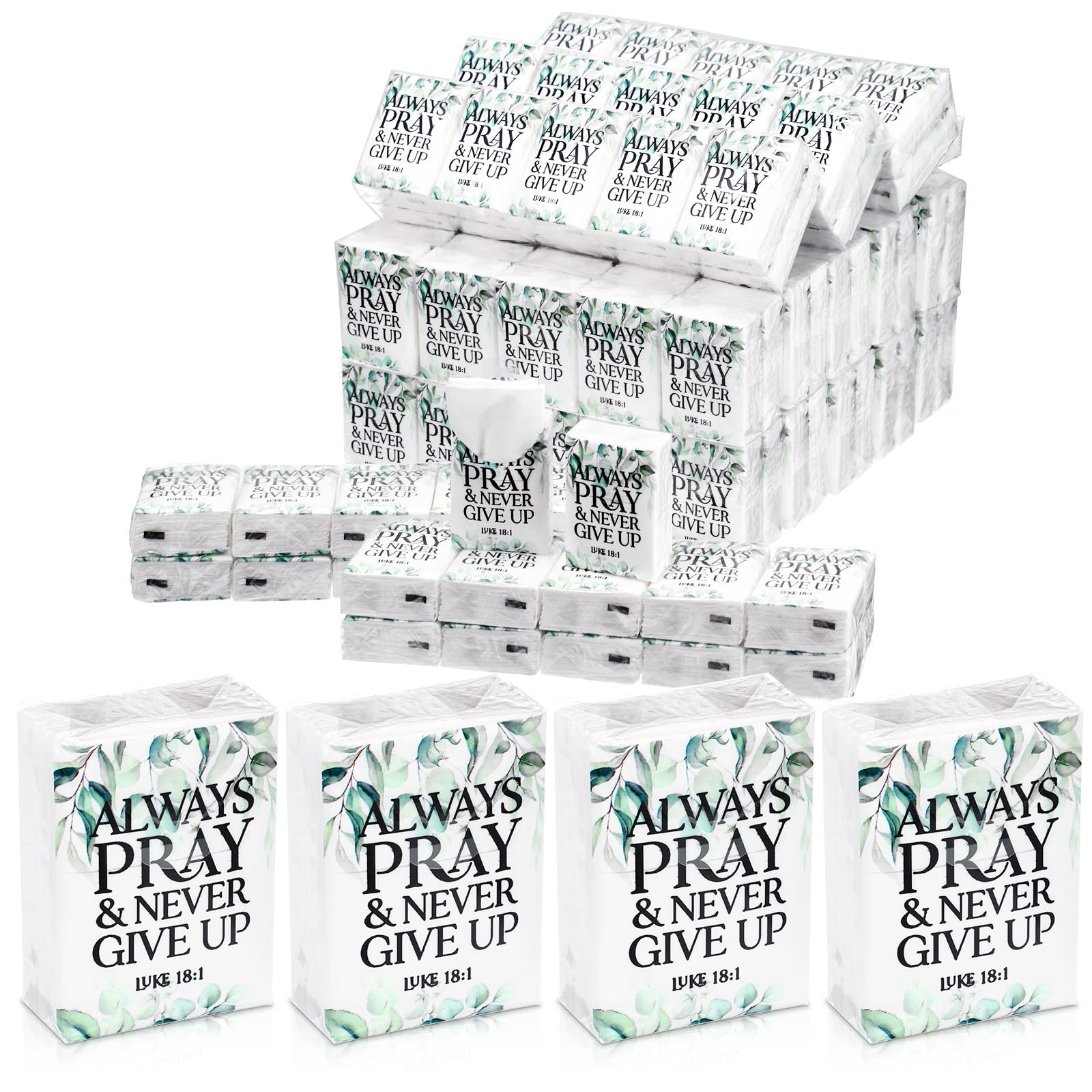 200 Packs Bible Verse Travel Tissues Packs Bulk Always Pray and Never Give up Pocket Tissues Christian Memorial Tissue Packs Travel Size Church Favors for Funerals Sunday Wedding Favors