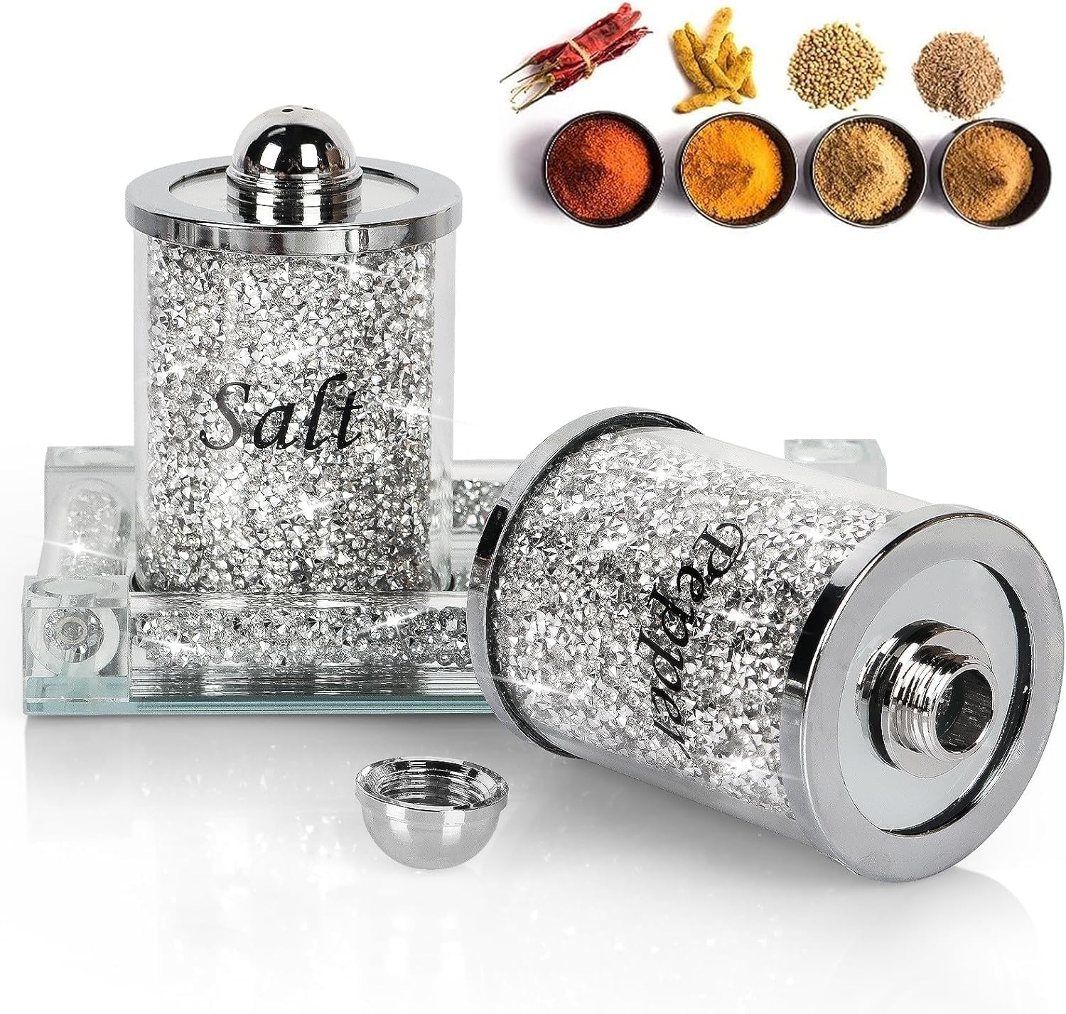 Crystal Salt and Pepper Set with Tray – Set of 3 Diamond Crushed Glass Seasoning Jars with Mirrored Tray – Luxury Silver Salt & Pepper Canister Storage for Kitchen & Dining Table Decor