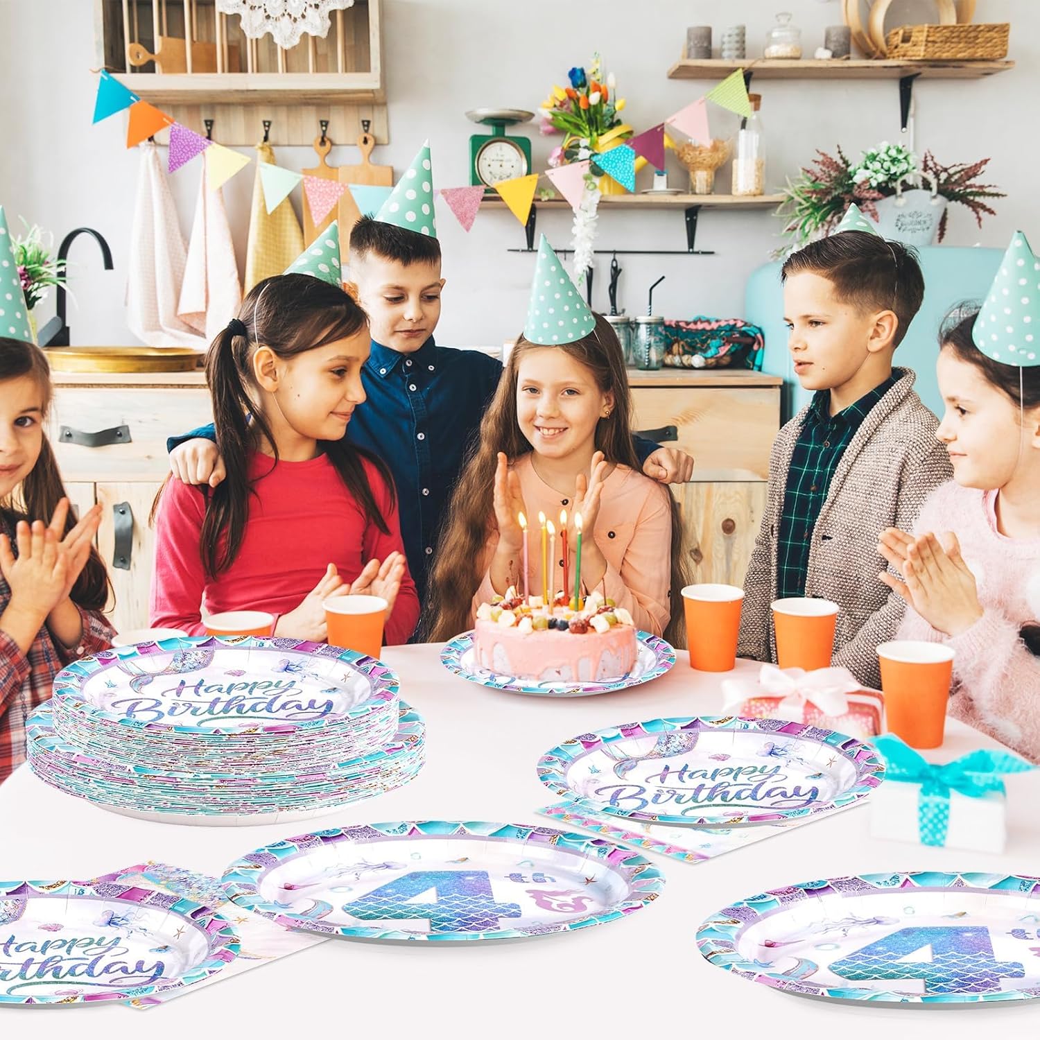 96Pcs 4th Mermaid Birthday Party Decorations Pink Blue Mermaid 4th Birthday Plates and Napkins Disposable Little Mermaids Tableware Set for Girls 4 Year Old Mermaids Party Supplies, Serves 24