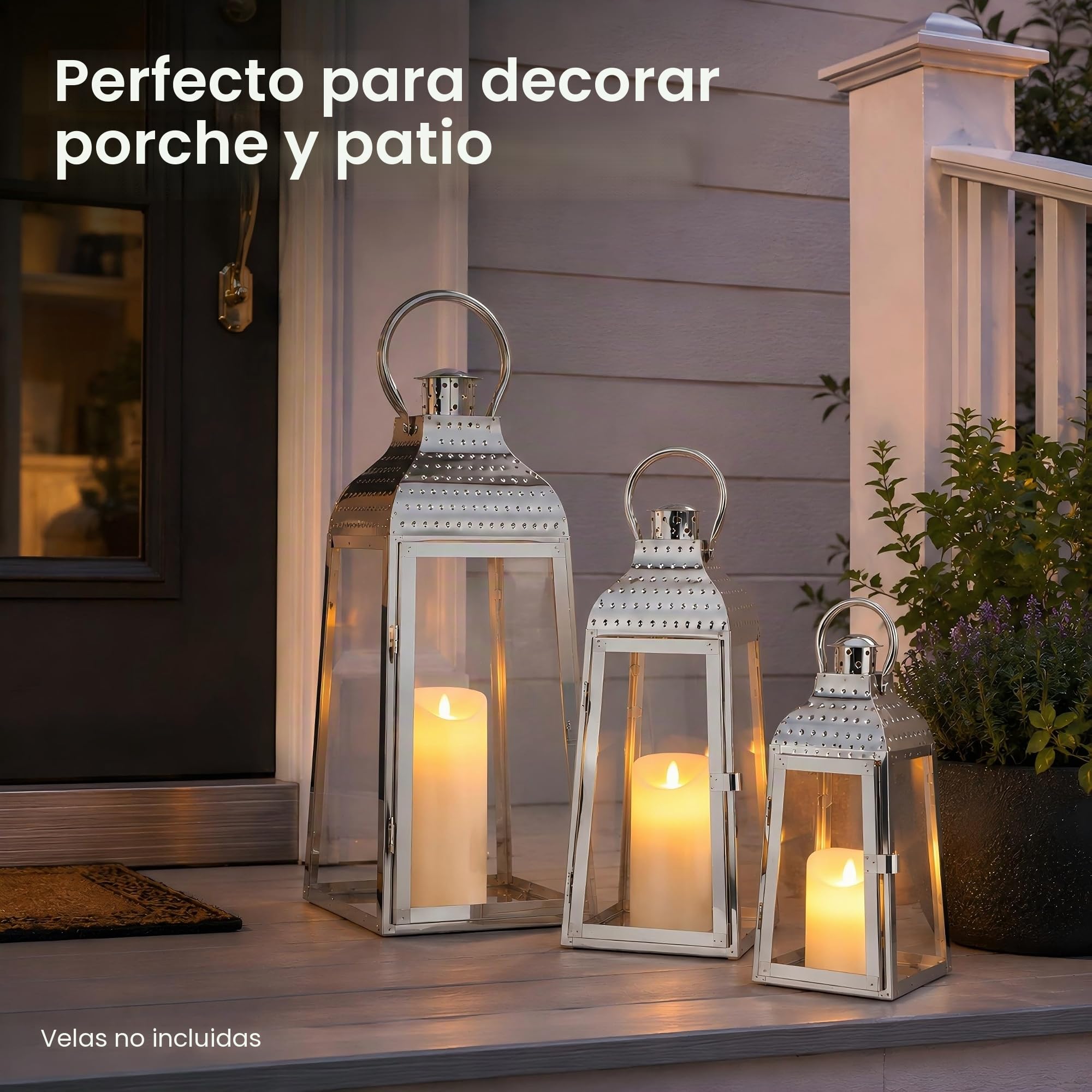 TRIROCKS Juego de 3 portavelas de acero inoxidable de 51 cm, 40 cm y 30 cm de alto, portavelas decorativos con vidrio templado para interiores y exteriores, porche y bodas (plateado)