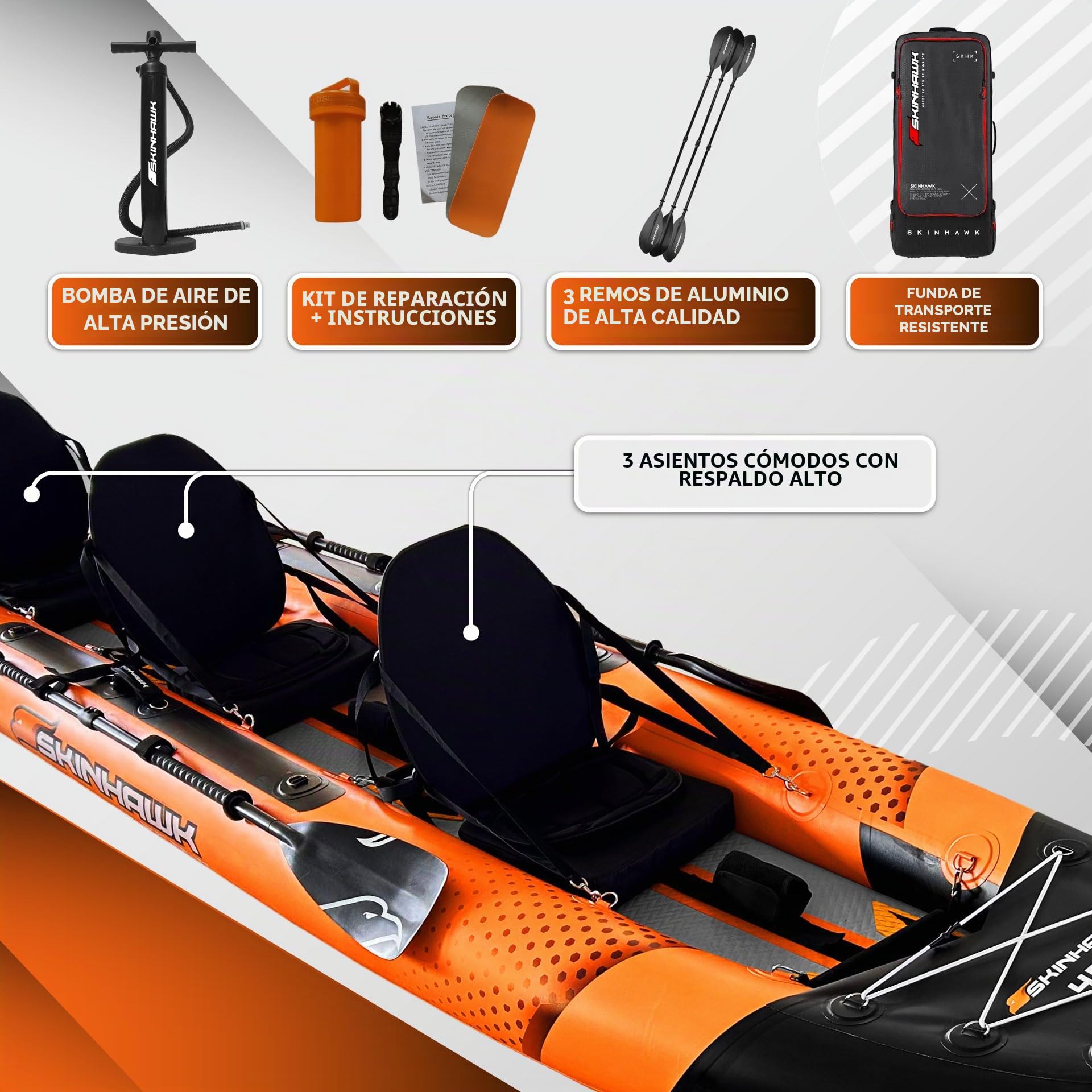 SKINHAWK Exclusiv Orange Kayak Set 480 – Barco inflable – Canoa – 480 x 96 cm – Kayak para 3 personas