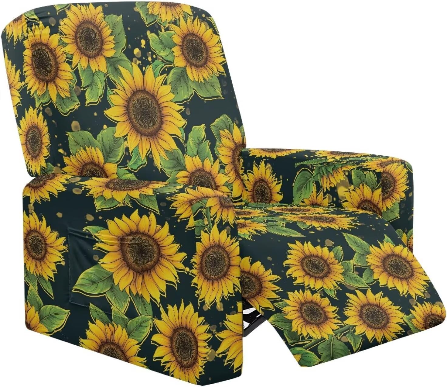 Sunflower Pattern Recliner Slipcovers 4-Pieces Covers for Electric Power Lift Reclining Chair Fitted Reclining Slipcover Floral Patterned Lazyboy Recliner Chair Cover with Handle Opening