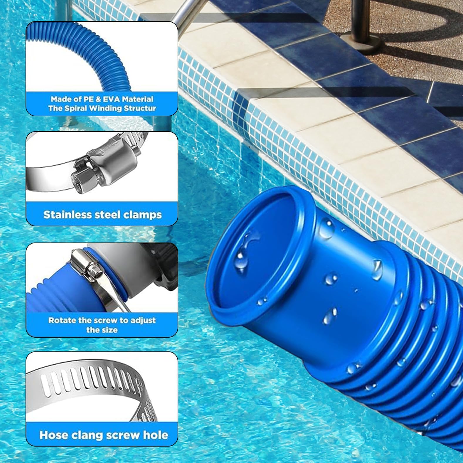 2 mangueras de piscina de 32 mm (azules) para bombas – incluye 4 clips de seguridad y 1 conector – ideal para bombas de filtro, limpiadores y calentadores de piscina