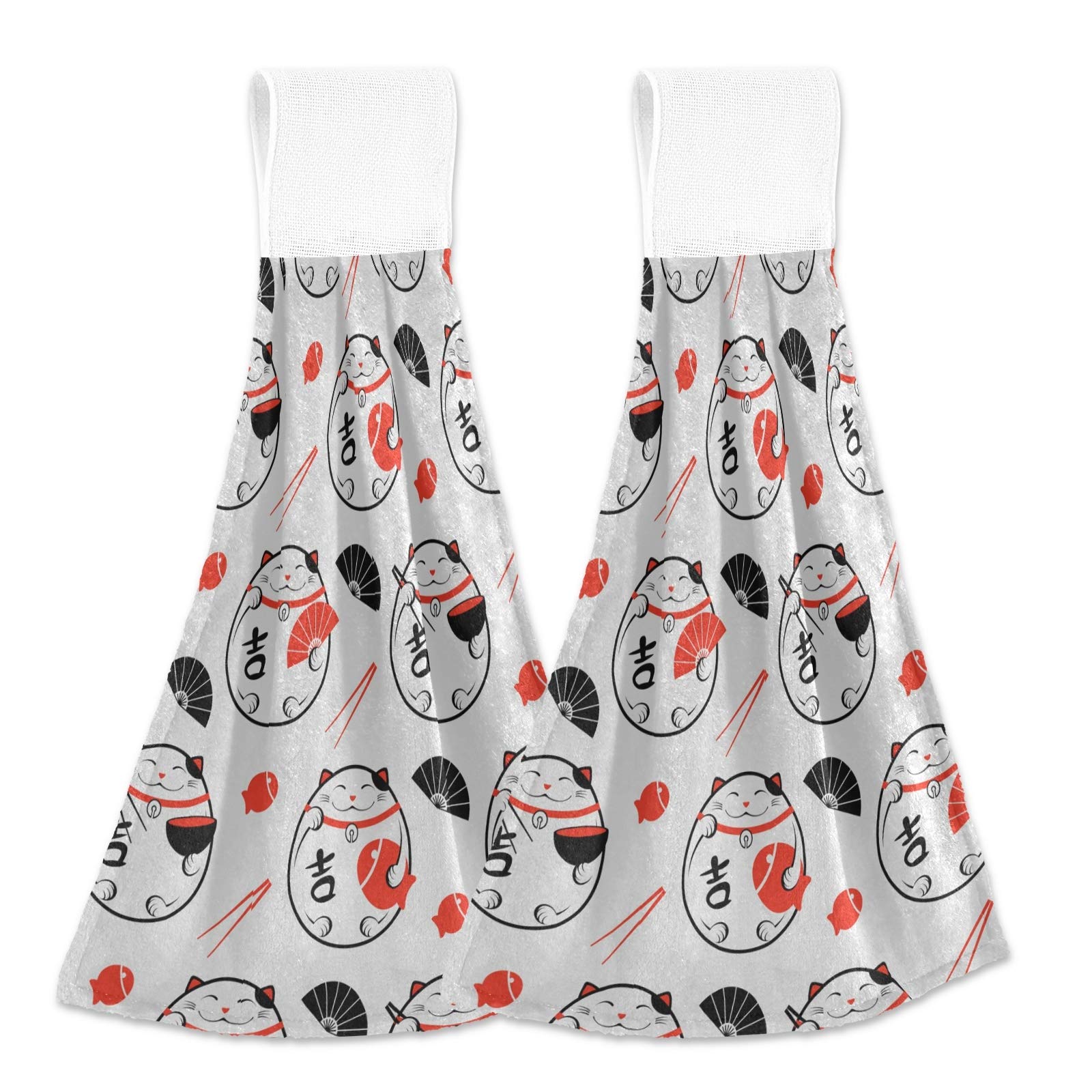 2 Pcs Maneki-Neko Hand Towel for Kitchen Hanging Towels Soft Absorbent Fast Dry for Bathroom Lucky Cat Japanese Style Animal 20601262