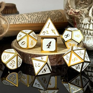 ORUZA DND Metal Dice Set, 7 PCS Gold Trimmed White Polyhedral Dice Set D&D Metal Dice for Dungeons and Dragons RPG MTG Pathfinder Role Playing Tabletop Games Dice