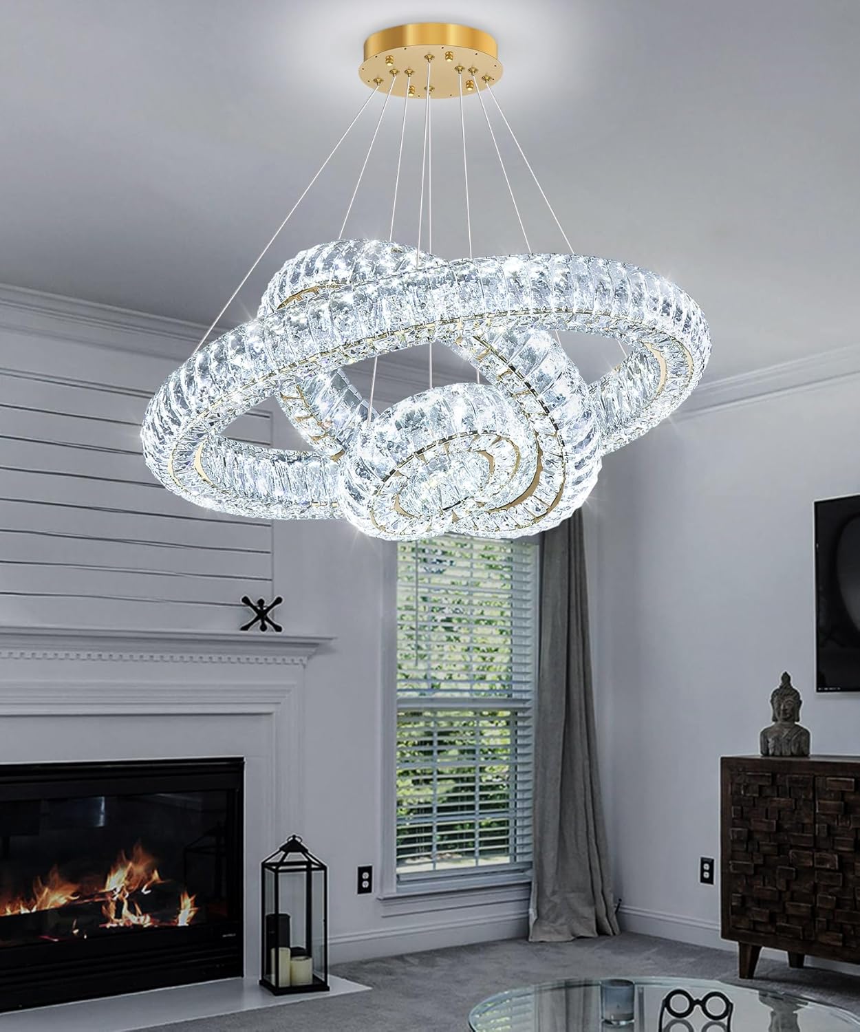 3 Ring Modern Crystal Chandelier Dimmable Ring Pendant Light Round Crystal Chandeliers for Living Room Dining Room Bedroom 23.6'' Gold
