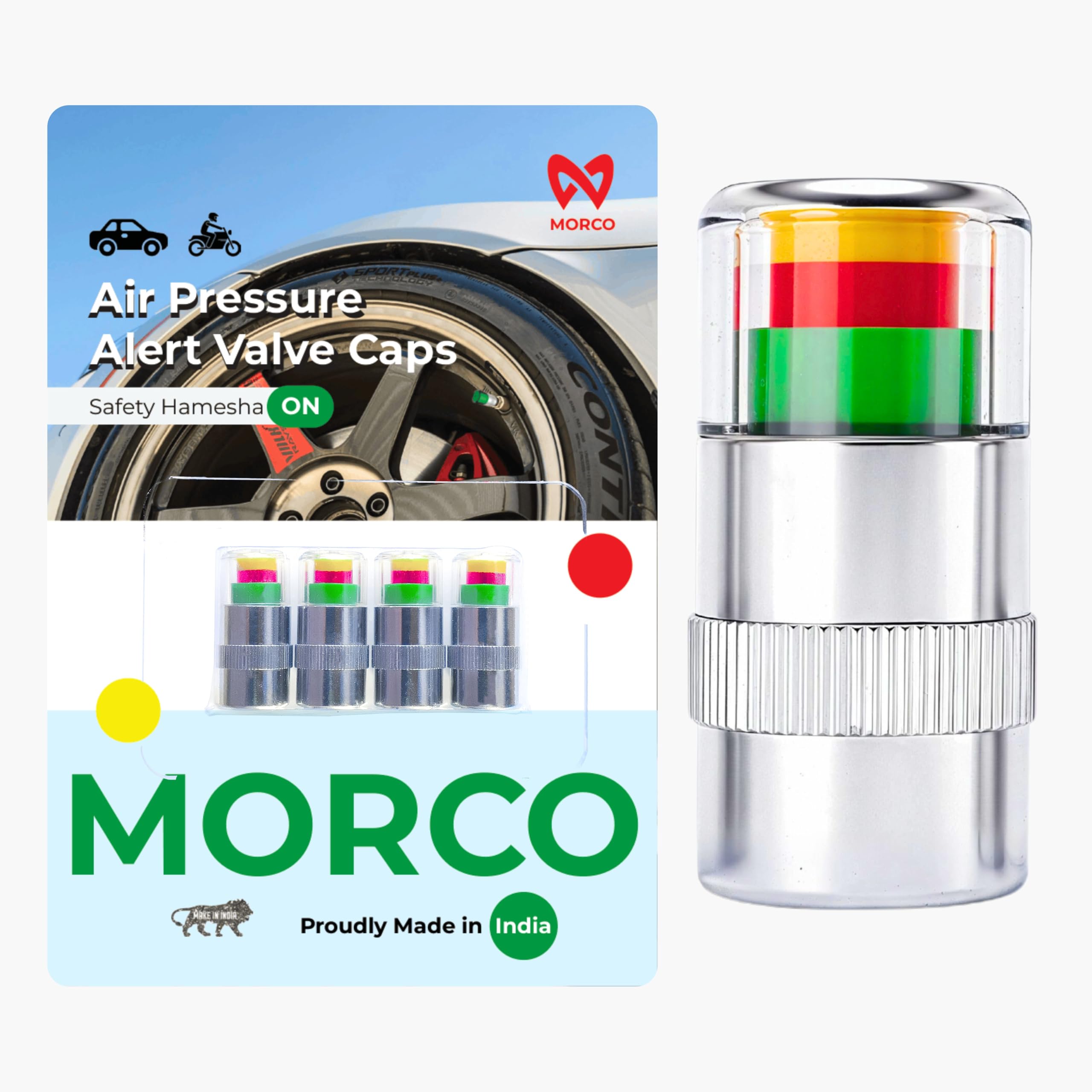 Morco Air Pressure Alert Valve Caps for Tyres (Set of 4) | Anti-Rust Brass Core | Color Coded Visual Indicator (28-36 PSI Range) | Low Pressure Warning Sensor for Car SUV & Bike | Universal Fit-picture-13