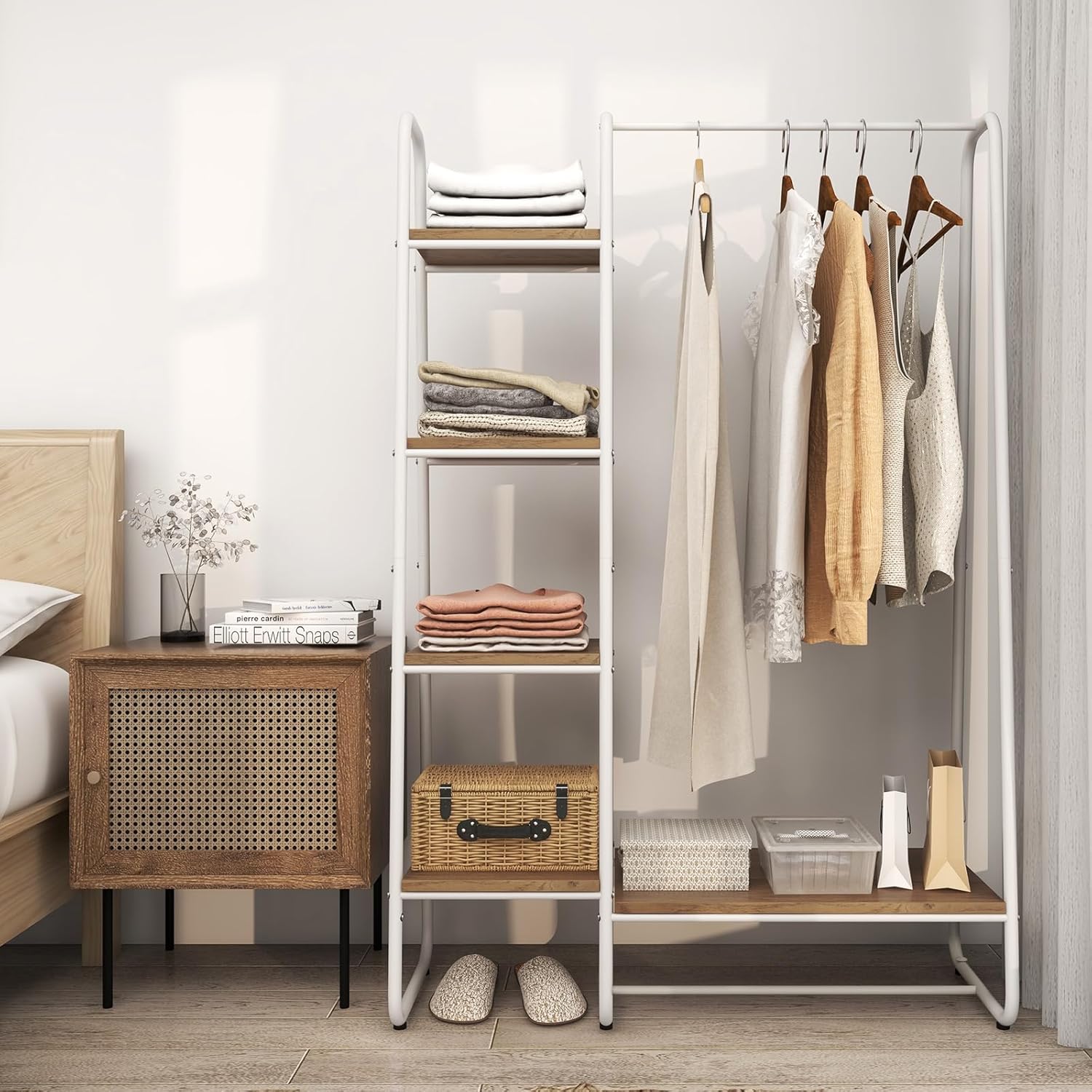 Tangkula Garment Rack with Shelves, Clothes Rack with 5 Shelves & Hanging Bar, Open Wardrobe for Hanging Clothes and Storage, Free Standing Closet Organizer, Clothing Rack for Bedroom Entryway