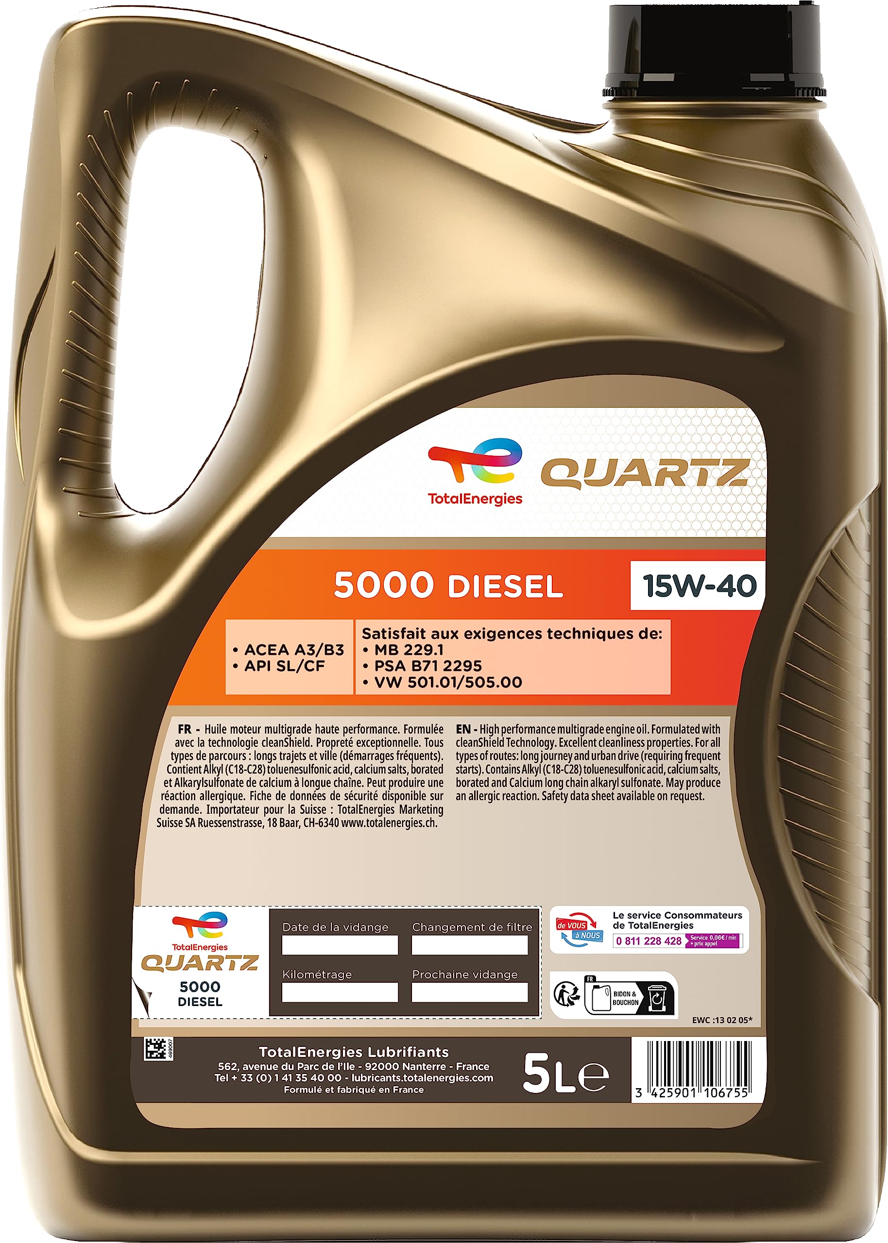 TotalEnergies Quartz 5000 Diesel 15W-40, Huile moteur, 5 litres