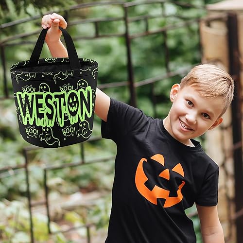 Miniatura 5 de Artsadd Cubo de dulces de Halloween personalizado con nombre, bolsas de mano personalizadas de Halloween, regalos de fiesta de Halloween, cesta de