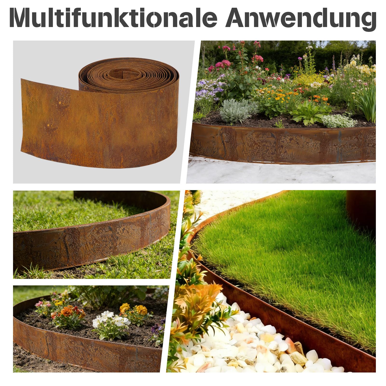 ohbien 10 m de borde de césped de acero corten flexible de acero corten para césped, borde de metal de 15 cm de alto, resistente a la intemperie, fácil montaje para jardín, bancal, césped y caminos