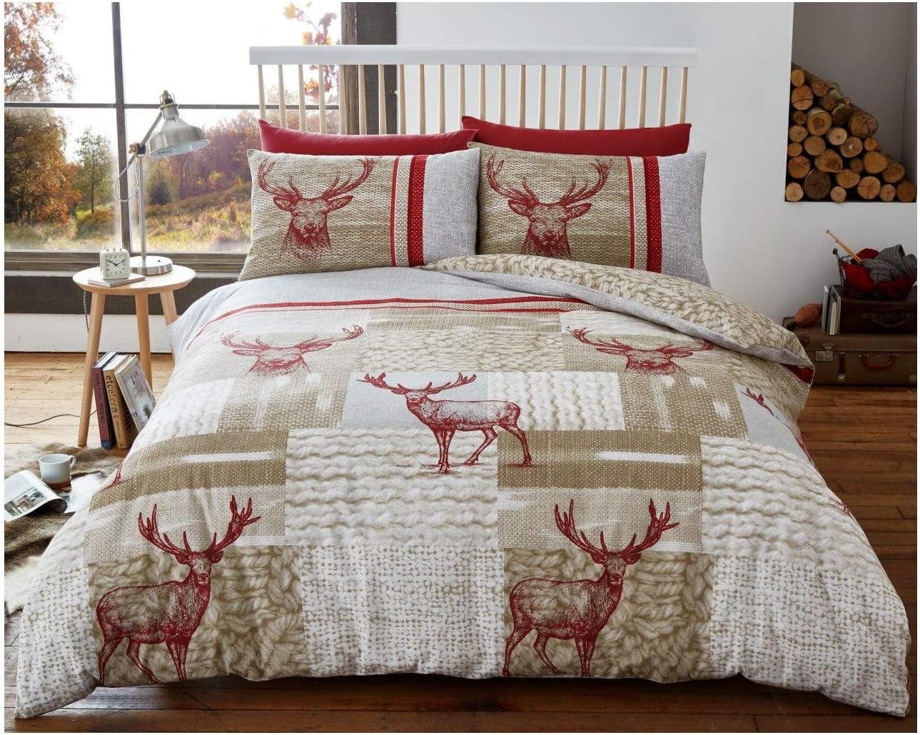 Hendem® New Stag Flannelette Duvet Christmas Deer Reversible Quilt Cover Set Thermal Flannel 100% Brushed Cotton (Natural, Double)