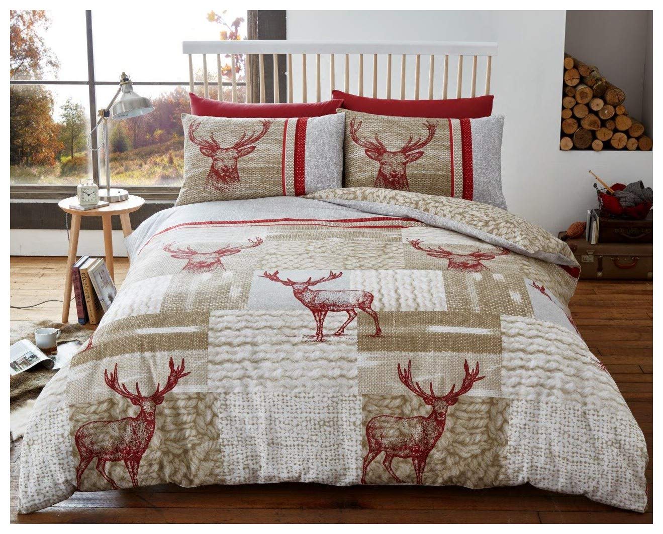 Hendem® New Stag Flannelette Duvet Christmas Deer Reversible Quilt Cover Set Thermal Flannel 100% Brushed Cotton (Natural, Double)