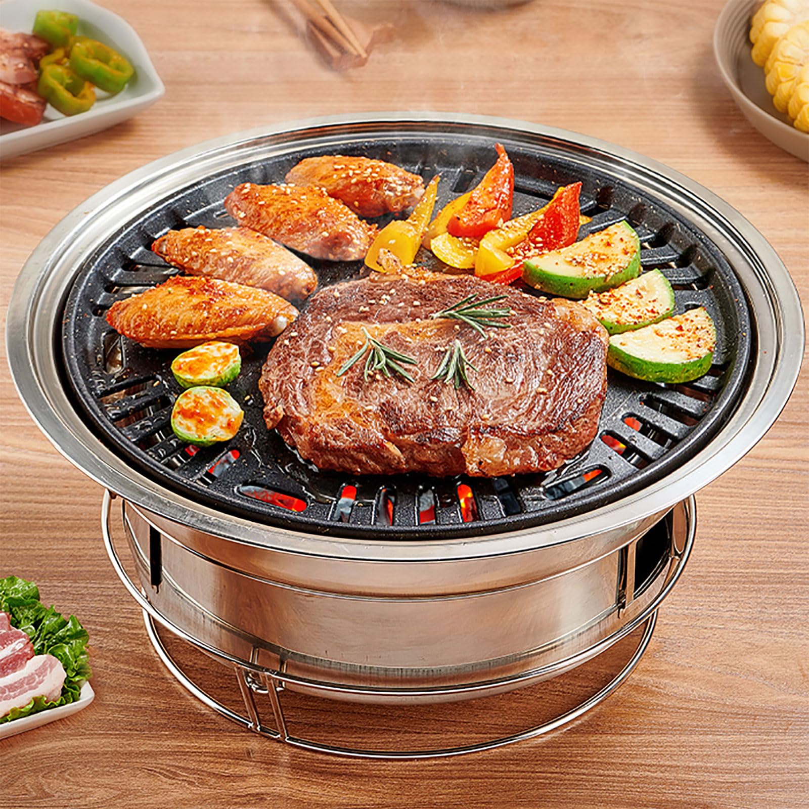 Korean BBQ Grill Charcoal, Small Charcoal Grill 13.7 Inches Portable Grill Stainless Steel Barbecue Grill Tabletop kbbq grill Outdoor Indoor Camping