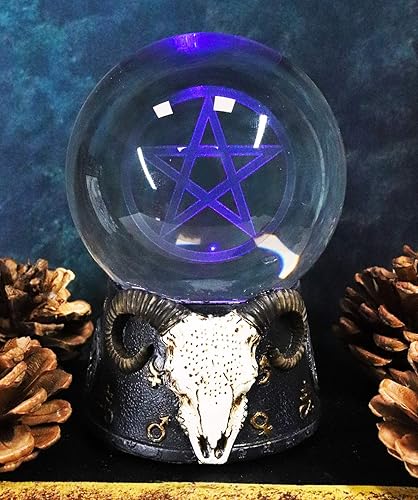 Ebros Sabbatic Goat of Mendes Samael Lilith Baphomet Ram Skull con pentagrama Sigil pequeña LED mirando bola rascadora estatua decorativa de 4.5