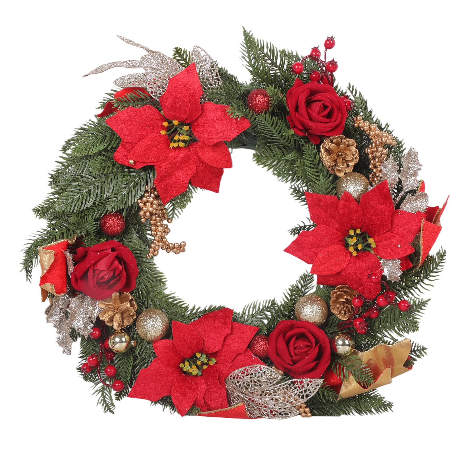 Tsophreniq 40cm Christmas Wreath Festive Decoration with Pine Cones Artificial Poinsettia Flowers Hanging Ornament for Front Door Outdoor Christmas Wreath