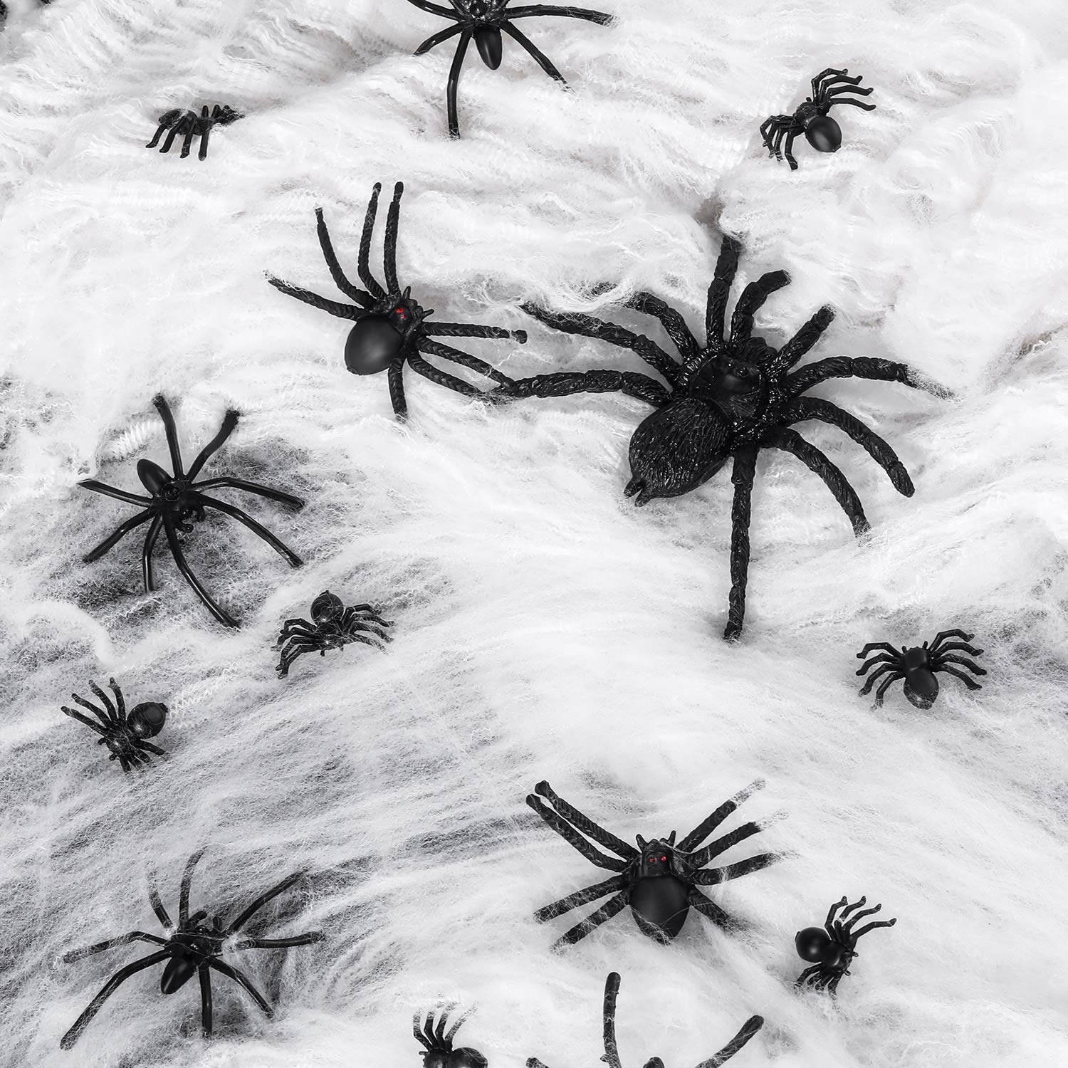 Boao 241 Pieces Halloween Spider Web Decorations Set, 240 Pieces Fake Plastic Spiders in 4 Different Sizes and 1 Pack White Stretch Spider Webbing for Halloween Indoor and Outdoor Party Decorations