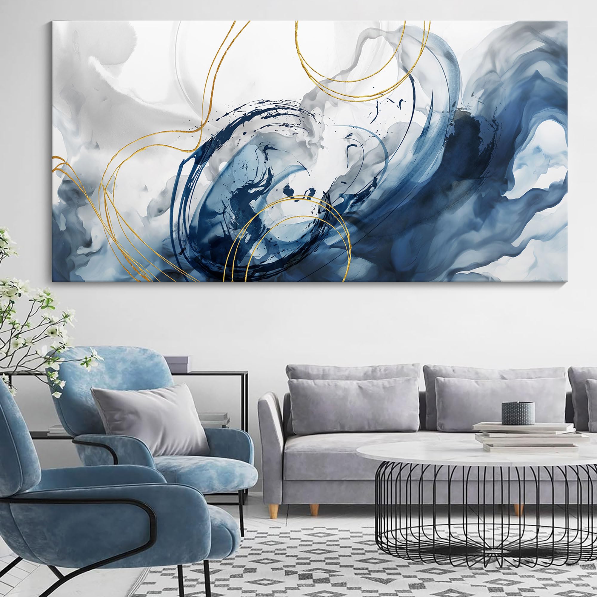 Mofutinpo Abstract Canvas Wall Art Blue Pictures, 24×48in