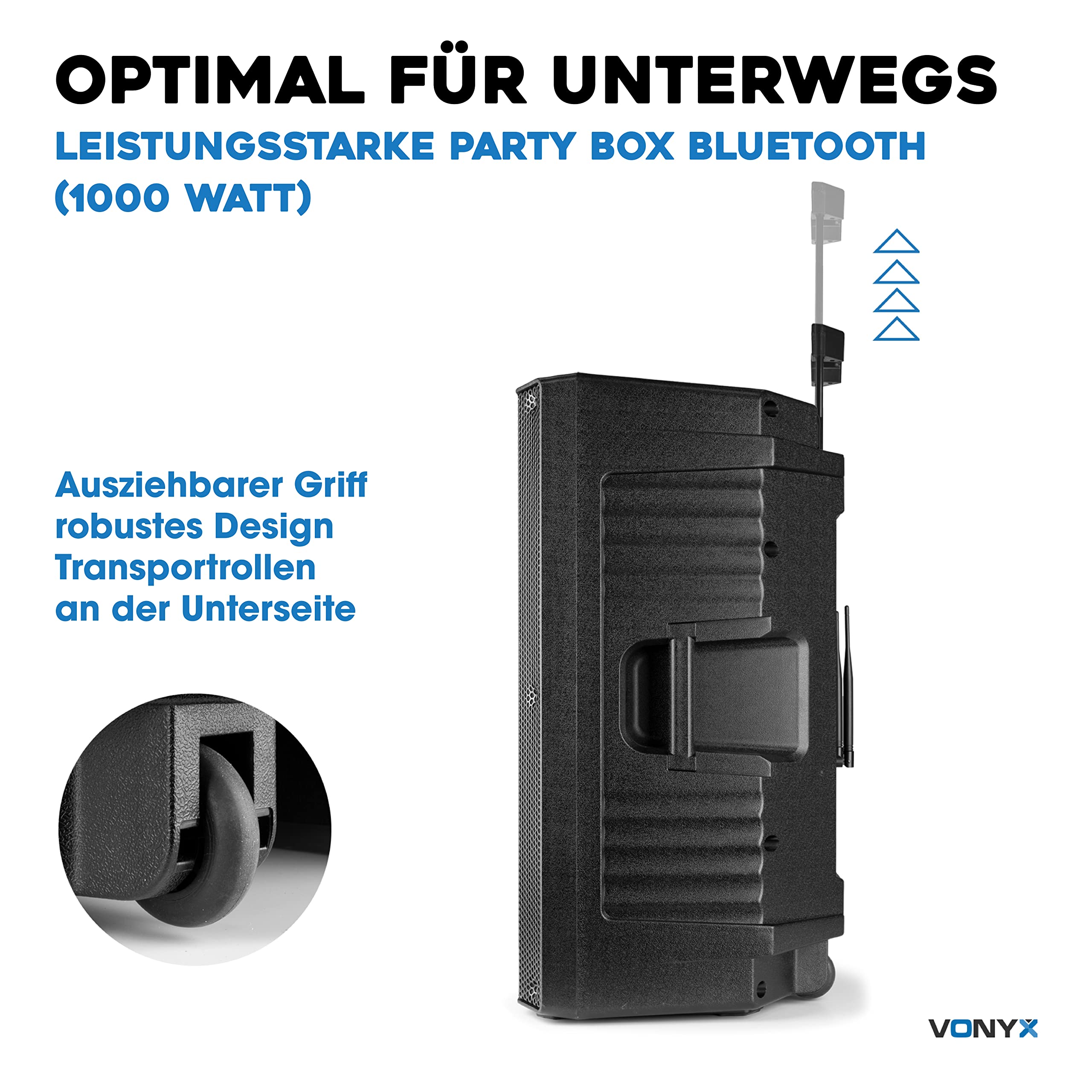 Vonyx VSA700 Partybox Bluetooth Lautsprecher Groß 1000W, 8 Std Akku, Mobile PA Anlage Komplettset mit 2 UHF Hand Mikrofonen und Fernbedienung - Mobile Musikbox Groß, USB, SD, MP3, Schwarz