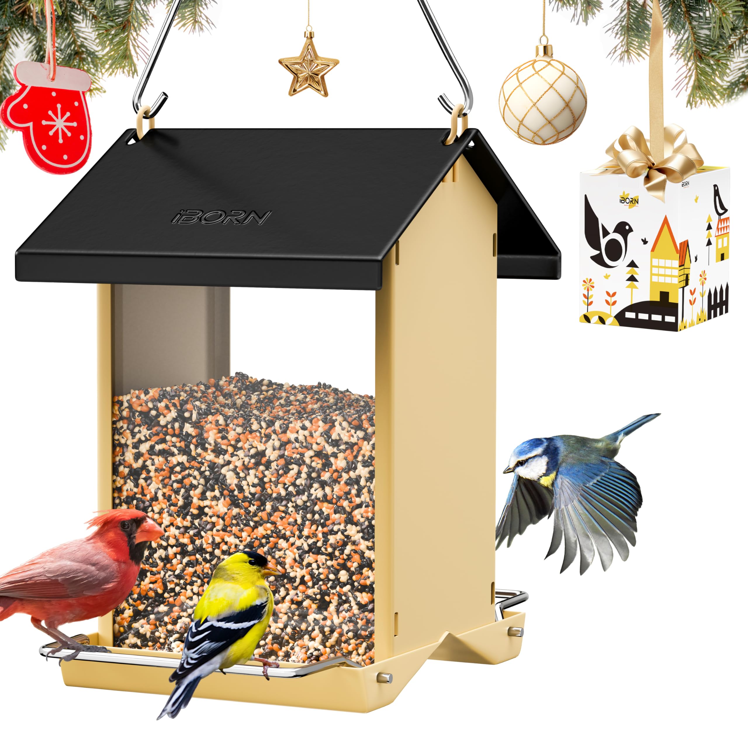 iBorn Bird Feeders for Outdoors,Bird Feeder with Weatherproof Metal Roof & 8 Drain Holes,Fully Detachable Birdfeeder Design,Easy Clean & Refill,Chew-Proof PC Windows,3.2 Lbs Capacity,Black Roof