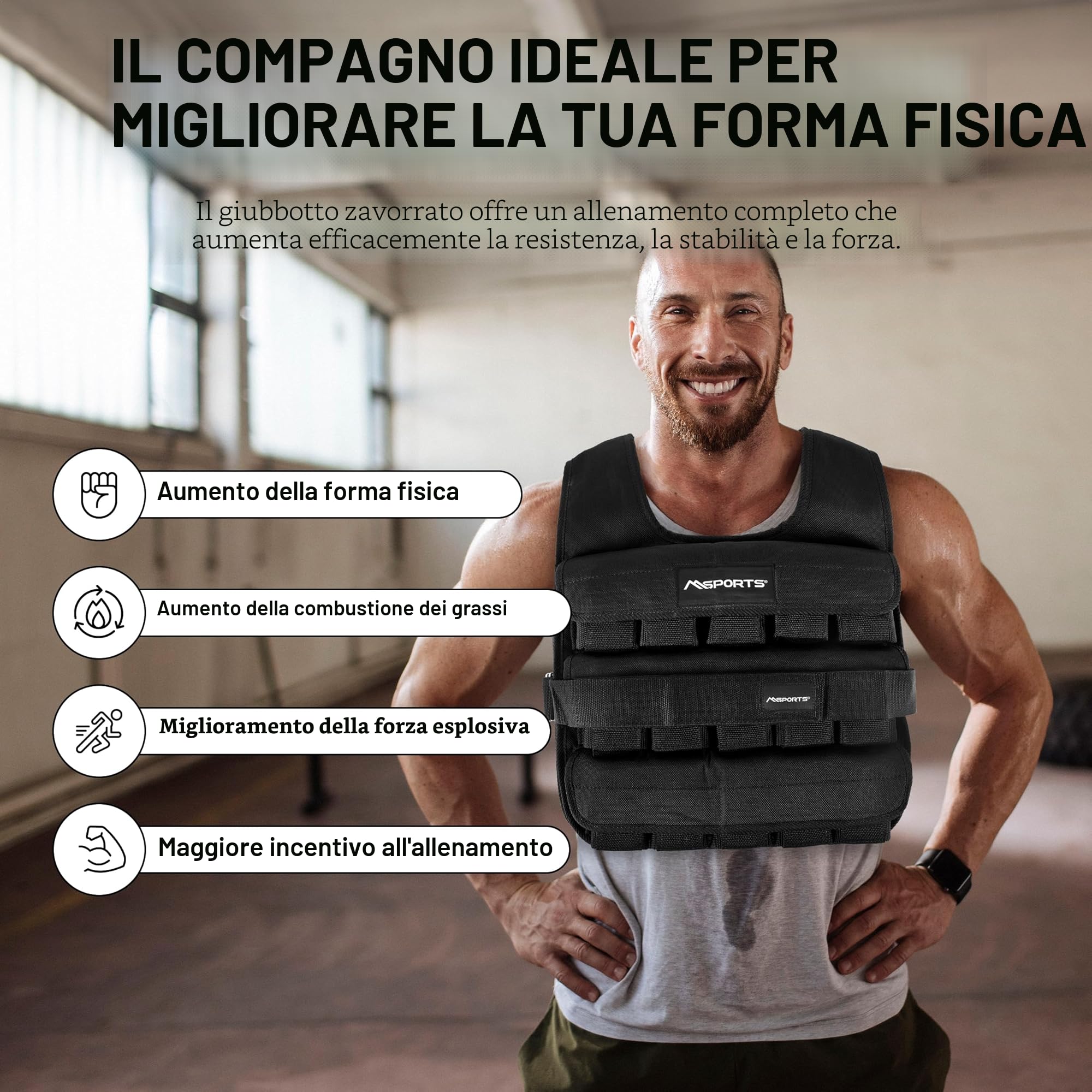 MSPORTS Gilet pesi premium regolabile da 5 kg – 30 kg di peso per allenamento della forza