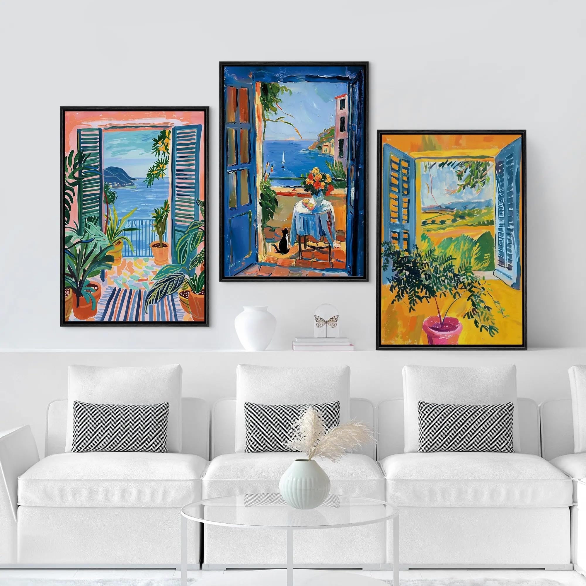 SDVIB Quadro astratto su tela con paesaggio mediterraneo da finestra, stile moderno bohémien, poster artistici con vista costiera da finestra, decorazione per la casa (50x70 cm/3 pezzi senza cornice)