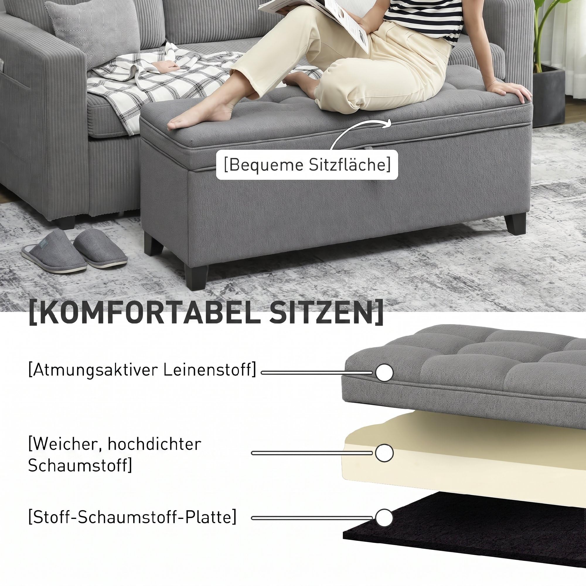 HOMCOM Sitzbank mit Stauraum Polsterbank bis 120kg 120x40x48 cm Dunkelgrau | Bank, Sicherheits-Scharnieren, Leinenoptik, für Wohnzimmer Schlafzimmer Flur