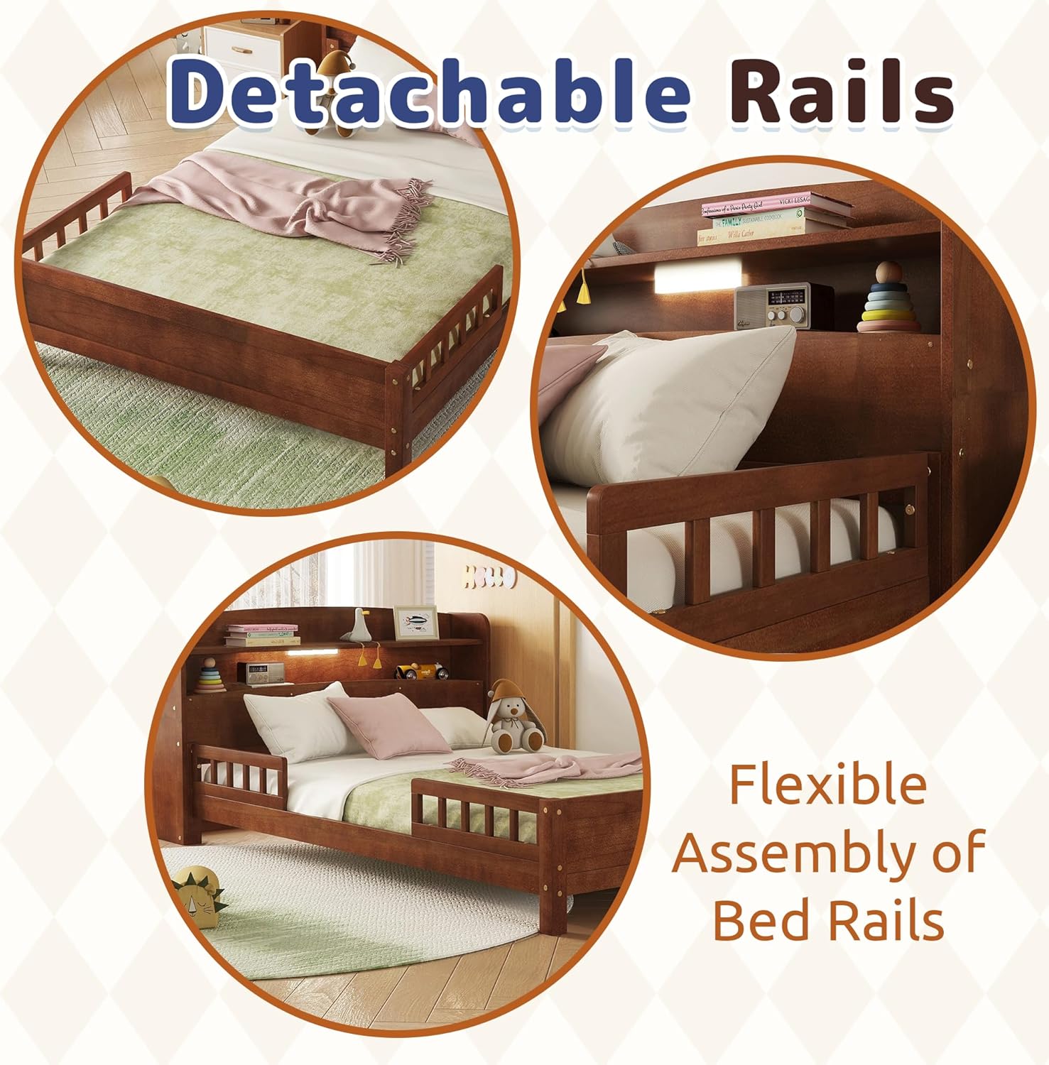 Full Size Kids Bed Frame with Storage Headboard & Motion Sensor LED Light, Wood Low Platform Bed with Detachable Guardrails, Full Bed Frame for Kids Boys Girls, No Box Spring Needed, Walnut