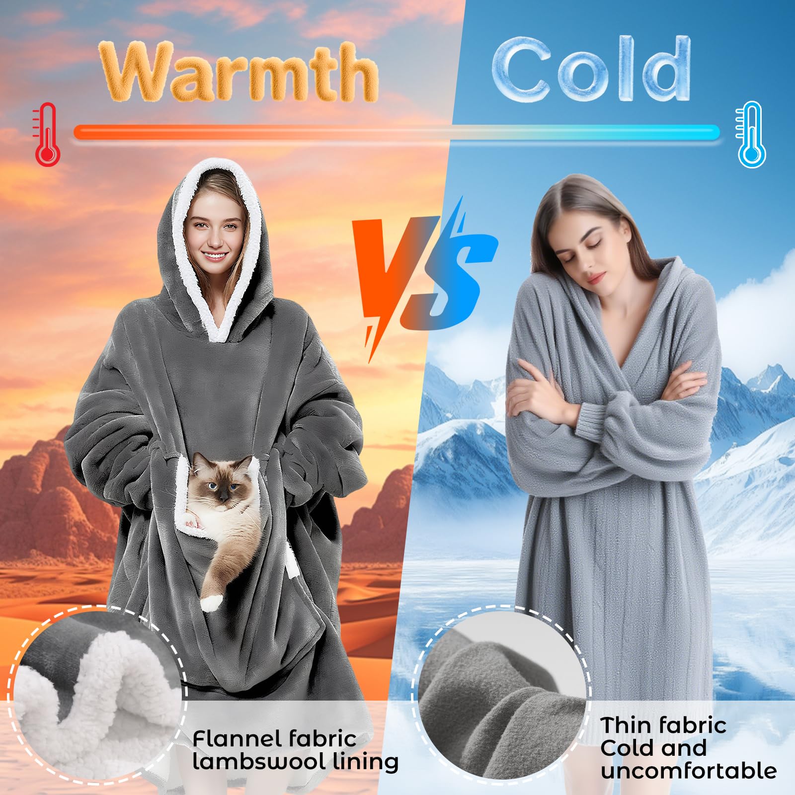auvstar Manta de Sudadera Gigante con Capucha, Manta de Gran Tamaño Sudadera con Capucha Sherpa con Bolsillo Frontal, Suave Cálida Cómoda, Talla Única para Adultos, Hombres, Mujeres, Adolescentes