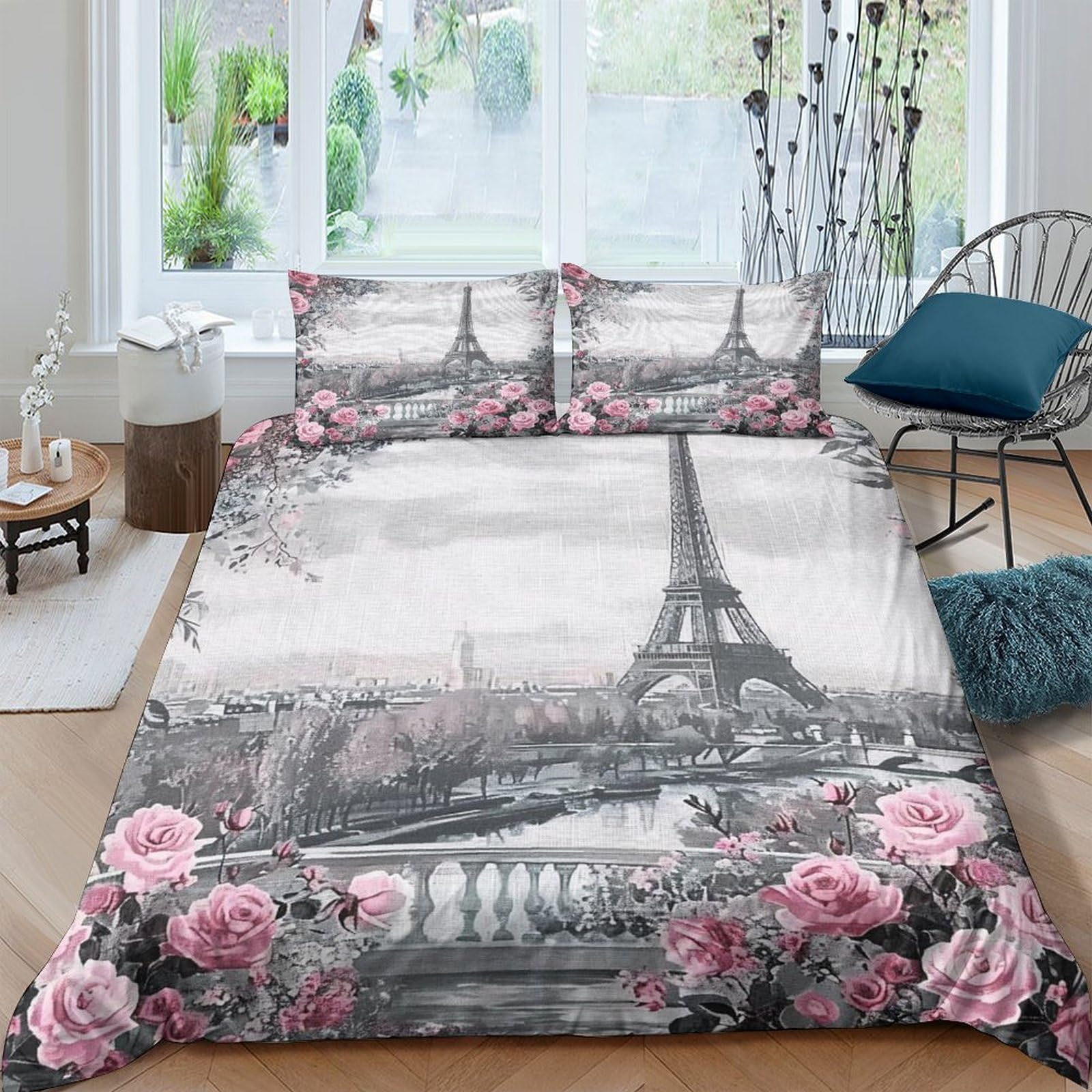 Ctjqhvkz Style-1 3D Printed Paris Eiffel Tower Fitted Sheet Microfiber Pink Floral Mattress Cover For Bedroom Guest Room Decor Single（135X200cm）