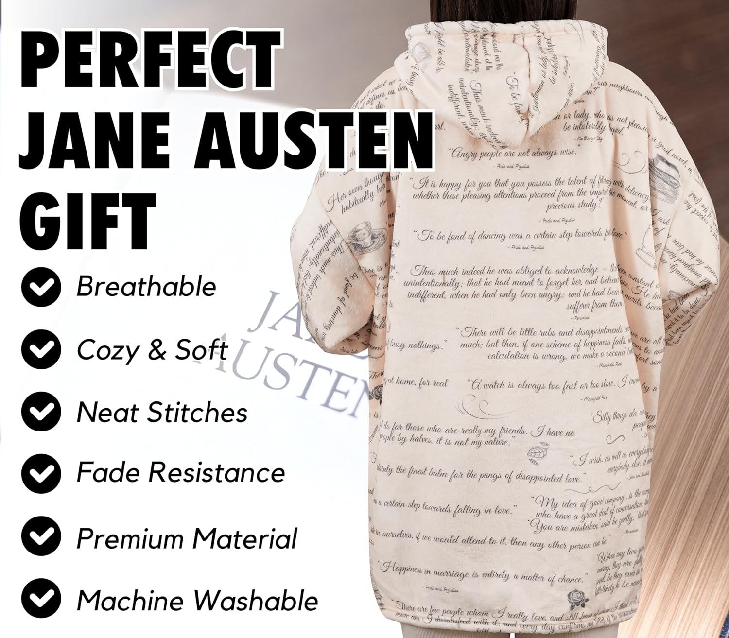 Jane Austen Gifts for Women, Pride and Prejudice Gifts Wearable Flannel Blanket Hoodie, Super Soft Warm Cozy with Two Large Pocket - One Size Fits Most - Gifts for Jane Austen Fans - Image 2