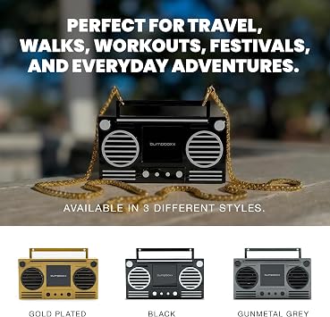 Bumpboxx Microboom Wearable Bluetooth Speaker Necklace, Portable Retro Boombox Speaker with TWS Pairing, Rechargeable Battery, MicroSD Support, Hands-Free Audio, 24 Chain, Black
