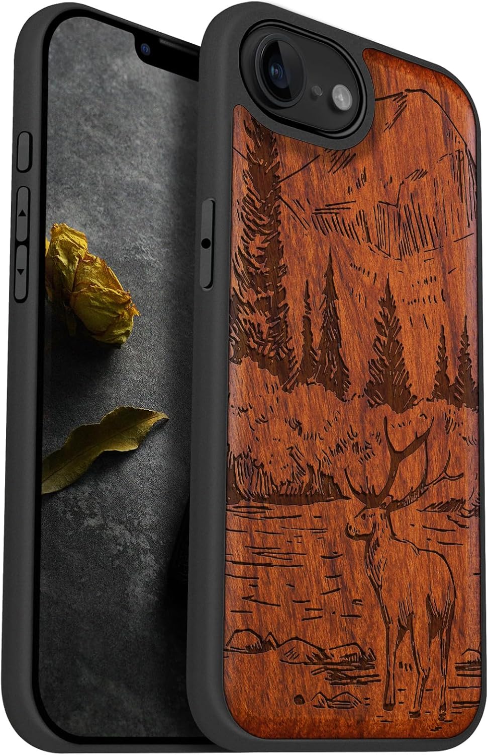 Carveit Magnetic Wooden Case for iPhone 16e / 17e, Solid Wood & Black TPU, Artisan Engraved Design, Shockproof Cover, Compatible with MagSafe Wireless Chargers, Mountains and Deer - Rosy