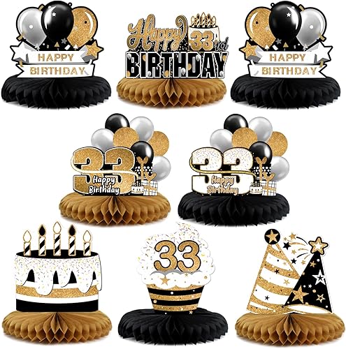 Miniatura 62 de LINGTEER Decoración feliz 50 cumpleaños negro y dorado de papel para mesa - Juego de centros de mesa con estrella de pastel y globo, 8 piezas