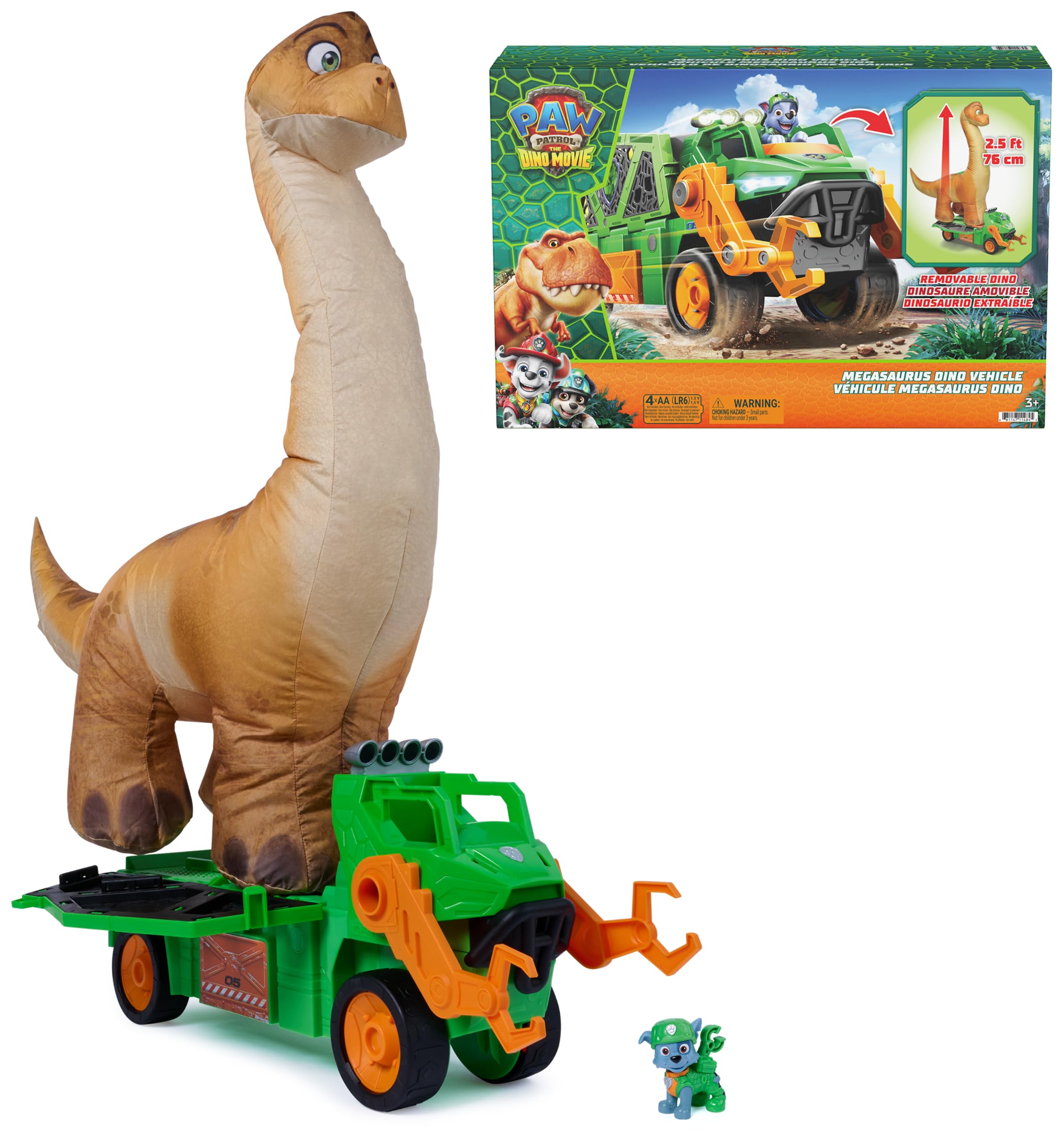 Paw Patrol: The Dino Movie, vehículo de Dinosaurio Megasaurus con Dinosaurio Inflable de 76,2 cm y Figura de acción de Rocky, Juguetes para niños y niñas preescolares, a Partir de 3 años