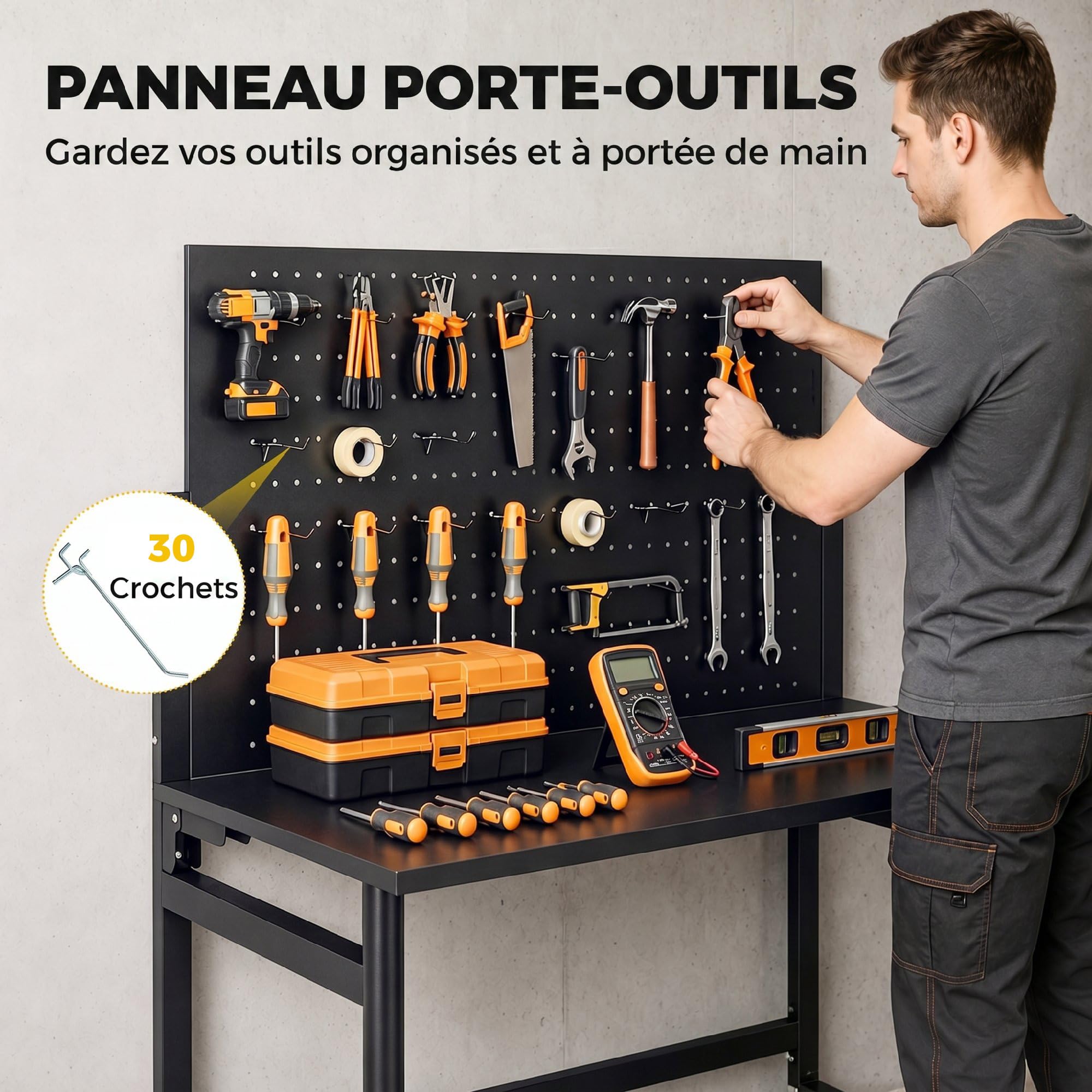 HOMCOM Établi d'Atelier Pliable à roulettes, 115x62x143,5cm, Plan de Travail avec Panneau Perforé, 30 Crochets, Plateau Épais, Cadre en Acier, Charge 120 kg, pour Garage, Atelier ou Entrepôt, Noir