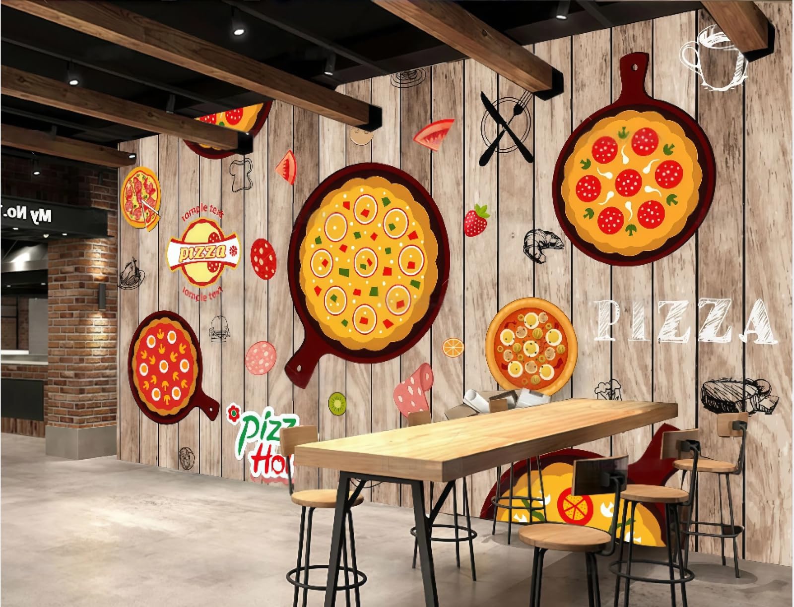 XDOUBAO Wallpaper Nostalgic Wooden Board Hand-Painted Delicious Pizza Shop Gourmet Cuisine Fast Food Afternoon Tea Western Restaurant Background Wall Wallpaper Coffee Shop Mural,3D,250x175cm