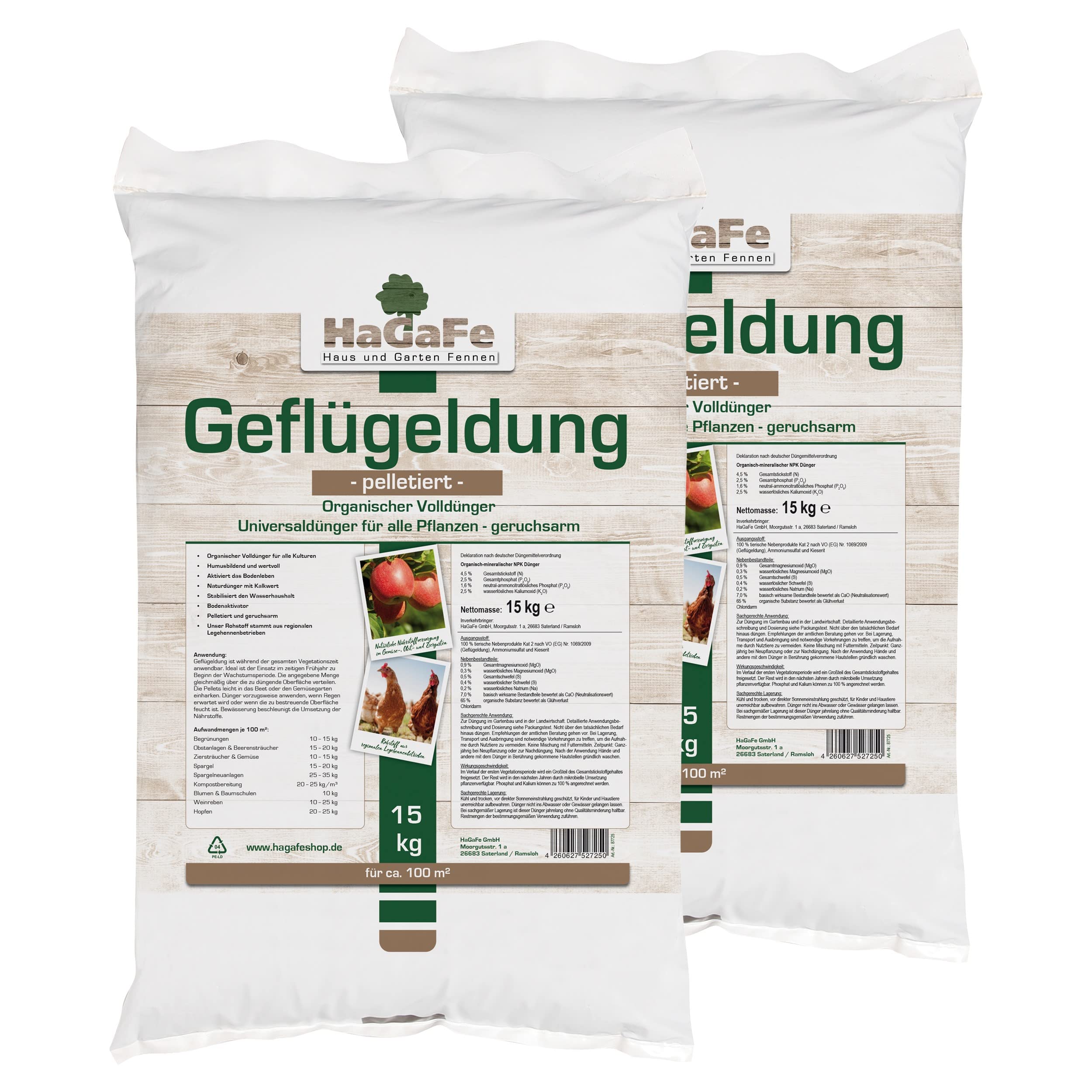HaGaFe Hühnerdung Geflügeldung Hühnermist Geflügelmist Gartendünger Dung, 30kg (2x15kg)