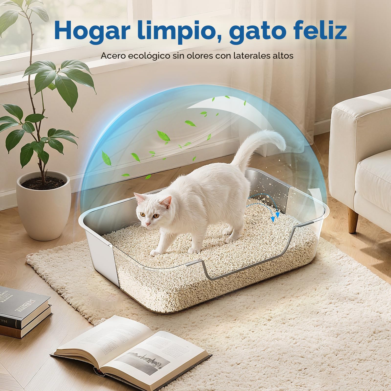 Arenero Gato Acero Inoxidable con Bordes Bajos, Arenero para Gatos Mayores o Heridos, Areneros de Gatos Grande XXL, Caja de Arena para Gato, Antiadherente, Sin Olores y Fácil de Limpiar, 60x40x20cm