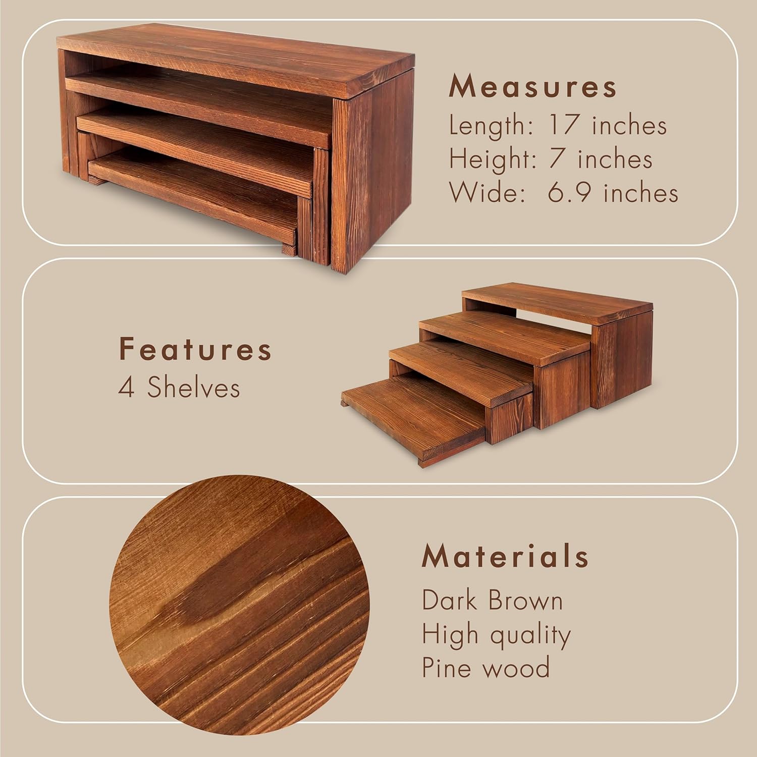 4-Tier Ultra Wide Wooden Display Stand, Wood Riser for Table Display, No Tools Required, Easy to Assemble, Durable Wood Stands for Dessert Table & Home Deco