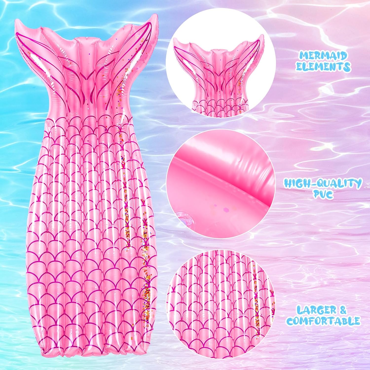 5 Pack Pool Floats Include 4 Pcs Mermaid Inflatable Pool Float Tube 1 Pcs Floatie Raft Mermaid Tail Swim Ring for Beach Water Toys