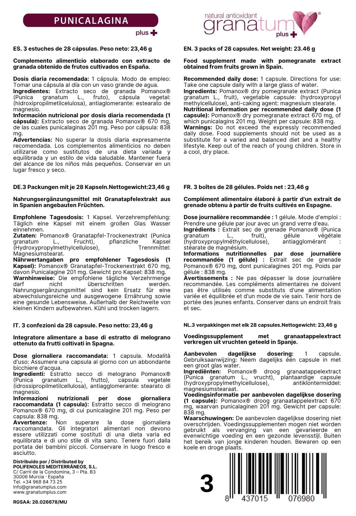 Granatum Plus - Punicalagina Plus - Integratore Alimentare - Estratto di Melagrane - Integratore Antiossidante - Digestione e Metabolismo - Cura Pelle - Prodotto in Spagna