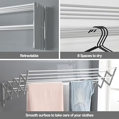 Miniatura 5 de Escurridor de ropa de montaje en pared  Estante de secado de pared expandible de aluminio con 8 varillas  Ideal para lavandería, baño, balcón,