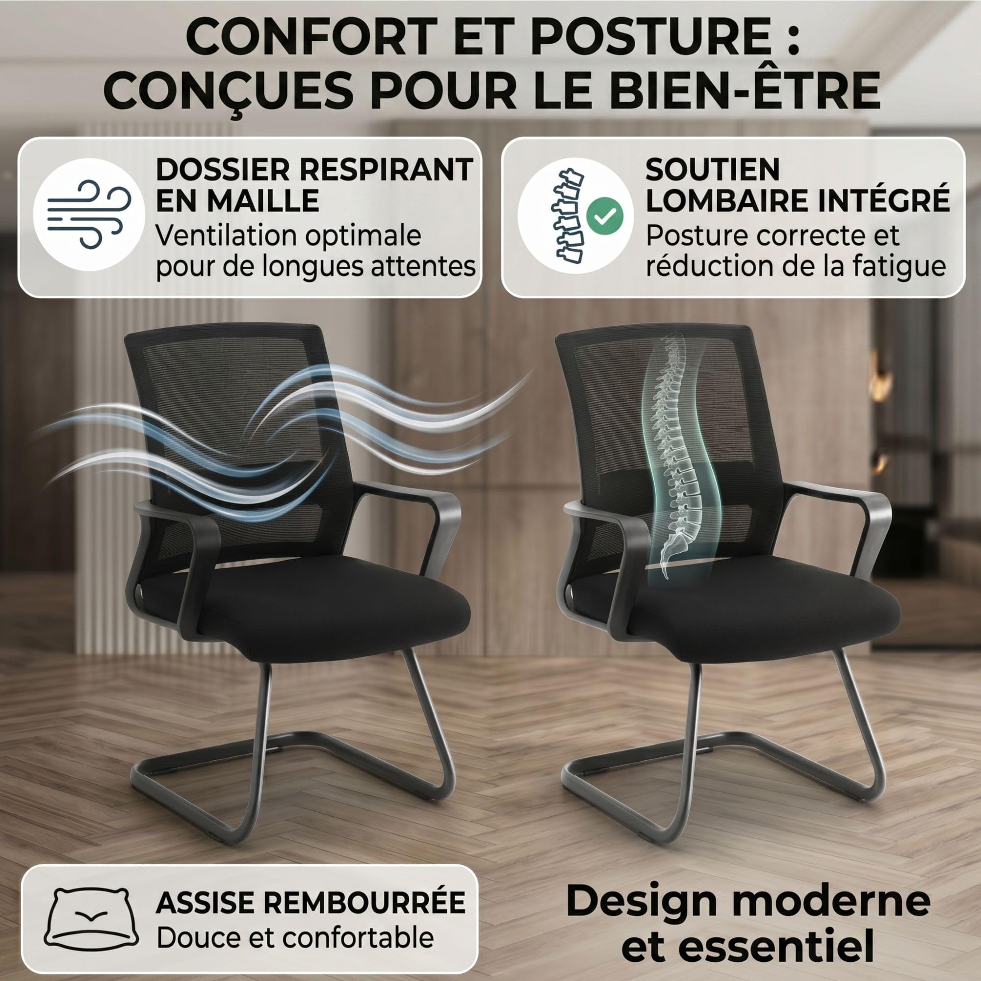 ZIK Chaise Salle d'Attente Lot de 2, Fauteuil Bureau Confortable Respirant avec Accoudoirs